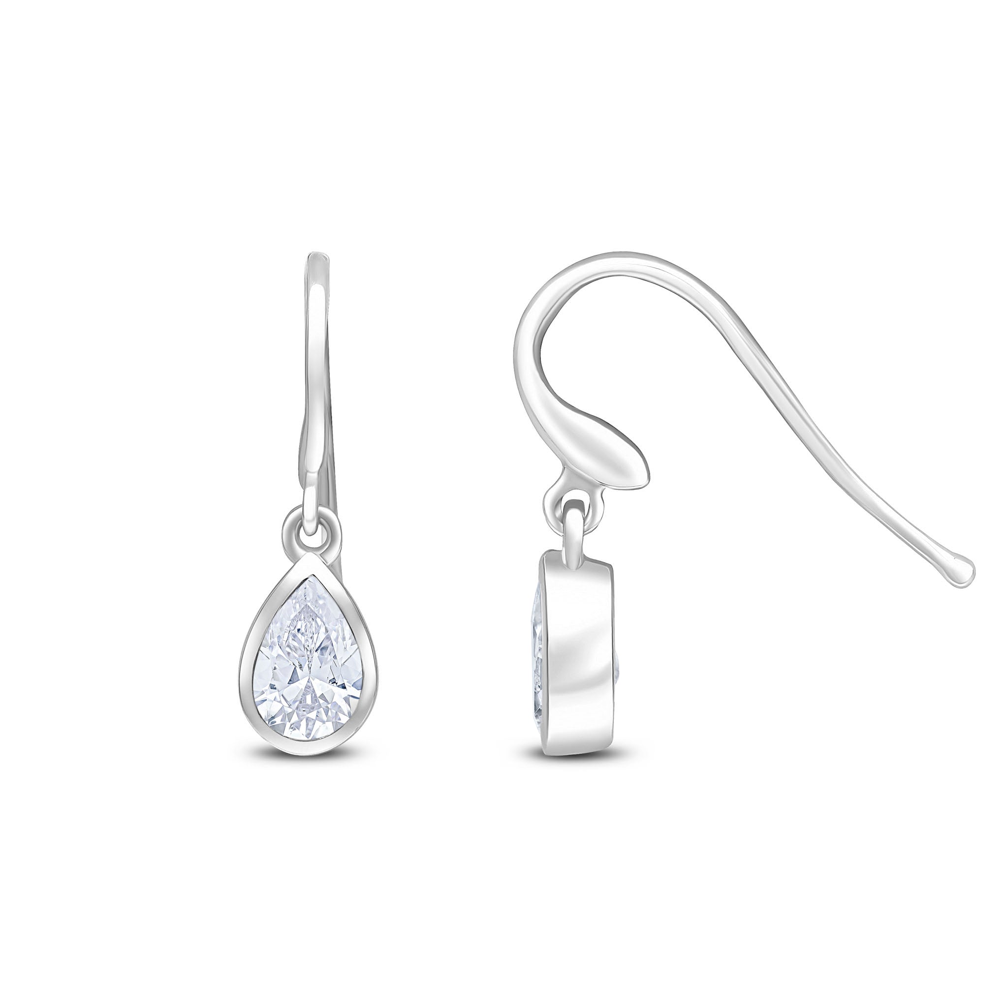 9ct White Gold 6x4 Pear Shape CZ Rubover Drop Earrings Hook Wire Fitting
