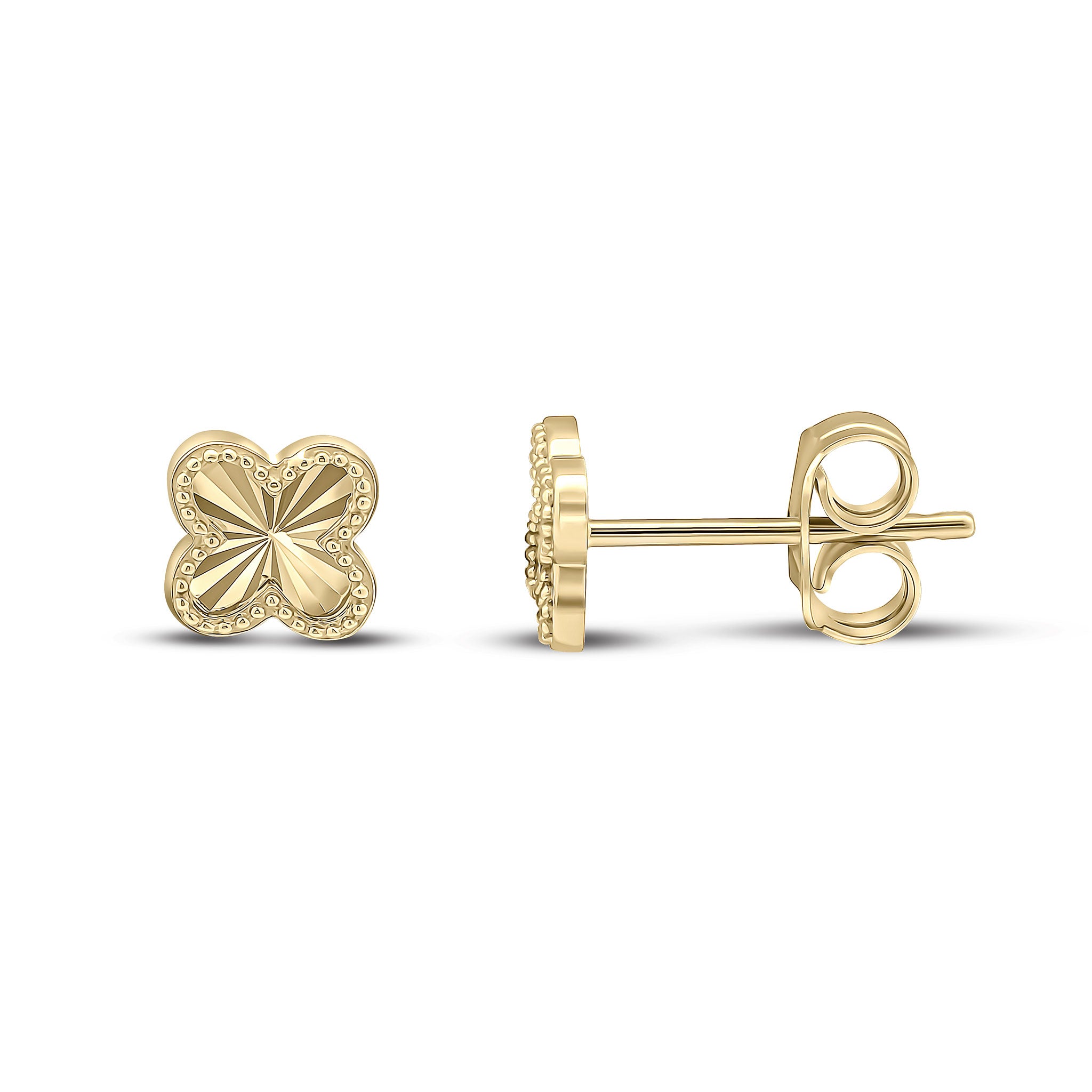 9ct Yellow Gold Diamond Cut Beaded Edge Clover Stud Earrings