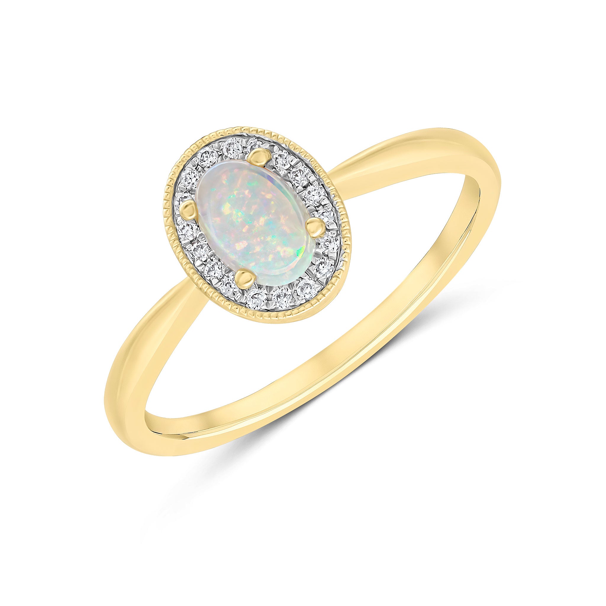 18ct Yellow Gold Claw Set 6x4mm Oval Opal and Diamond Cluster Ring Milgrain Edge