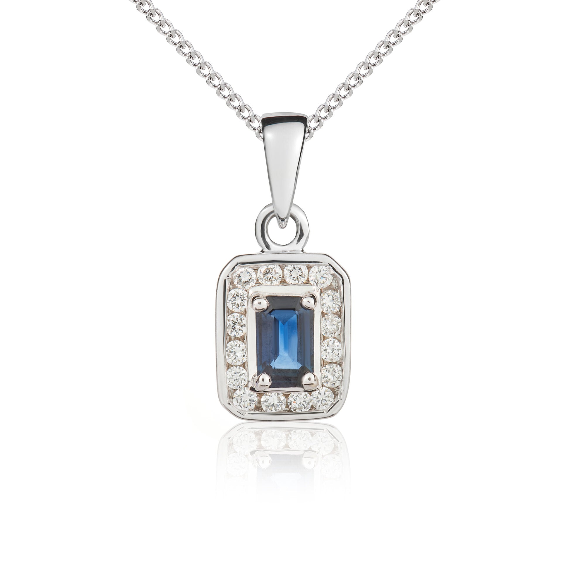 9ct White Gold 5x3 Octagon Sapphire & Diamond Cluster Pendant