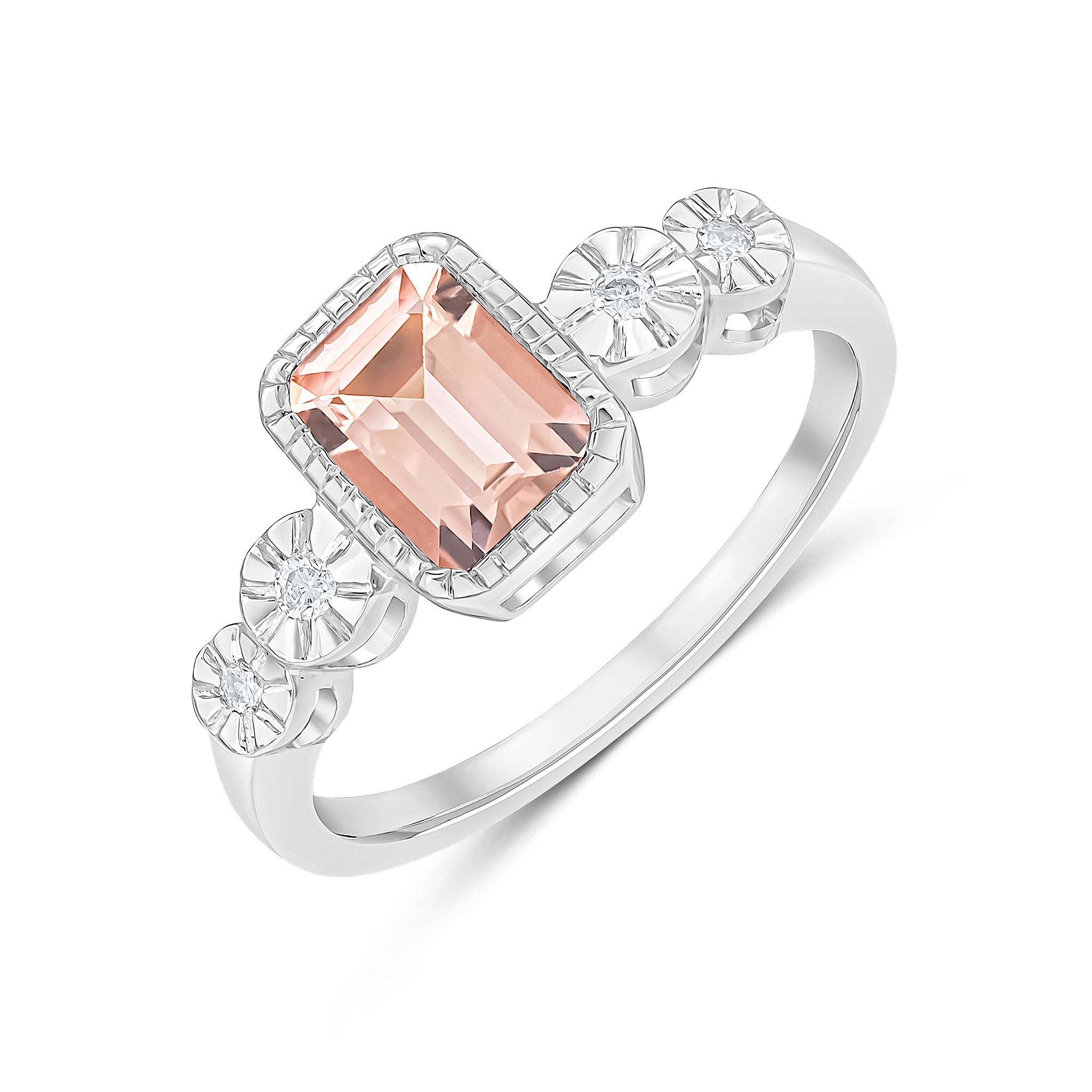9CT WHITE GOLD MILLEGRAIN OCTAGON MORGANITE AND ILLUSION DIAMOND 4ST SHOULDERS RING 1