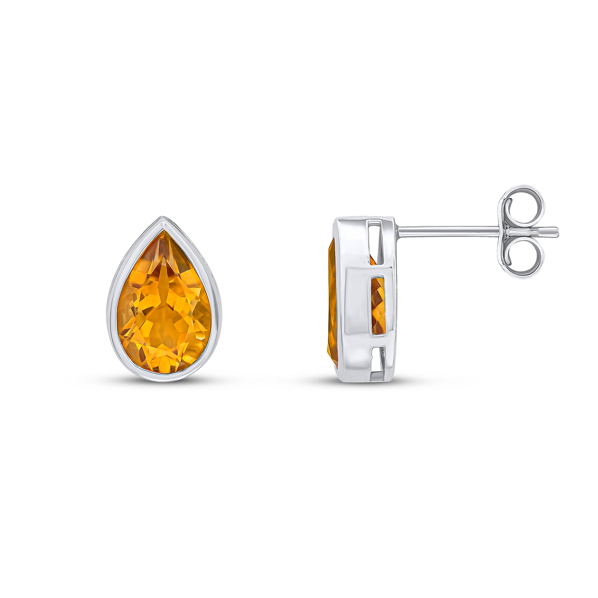 9ct White Gold 9x6 Pear Shape Citrine Rubover Earrings