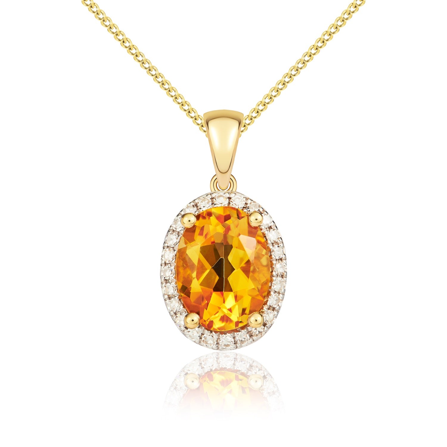 9ct Yellow Gold 8x6 Oval Citrine & Diamond Claw Set Cluster Pendant Rhodium to Diamonds