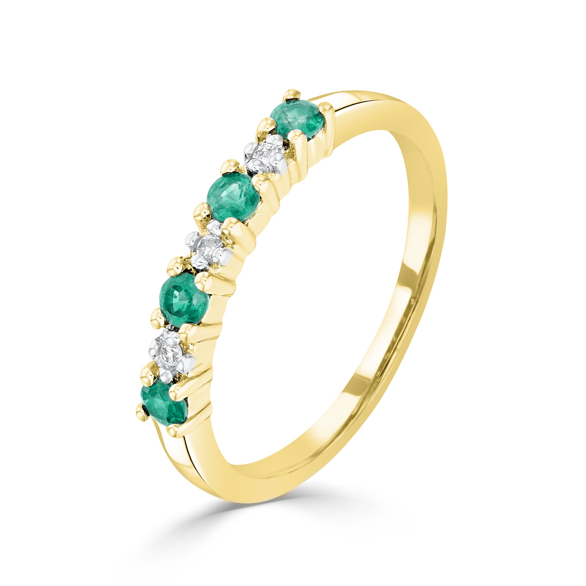 9ct Yellow Gold Round Emerald and Round Diamond Claw Set 7 Stone Ring