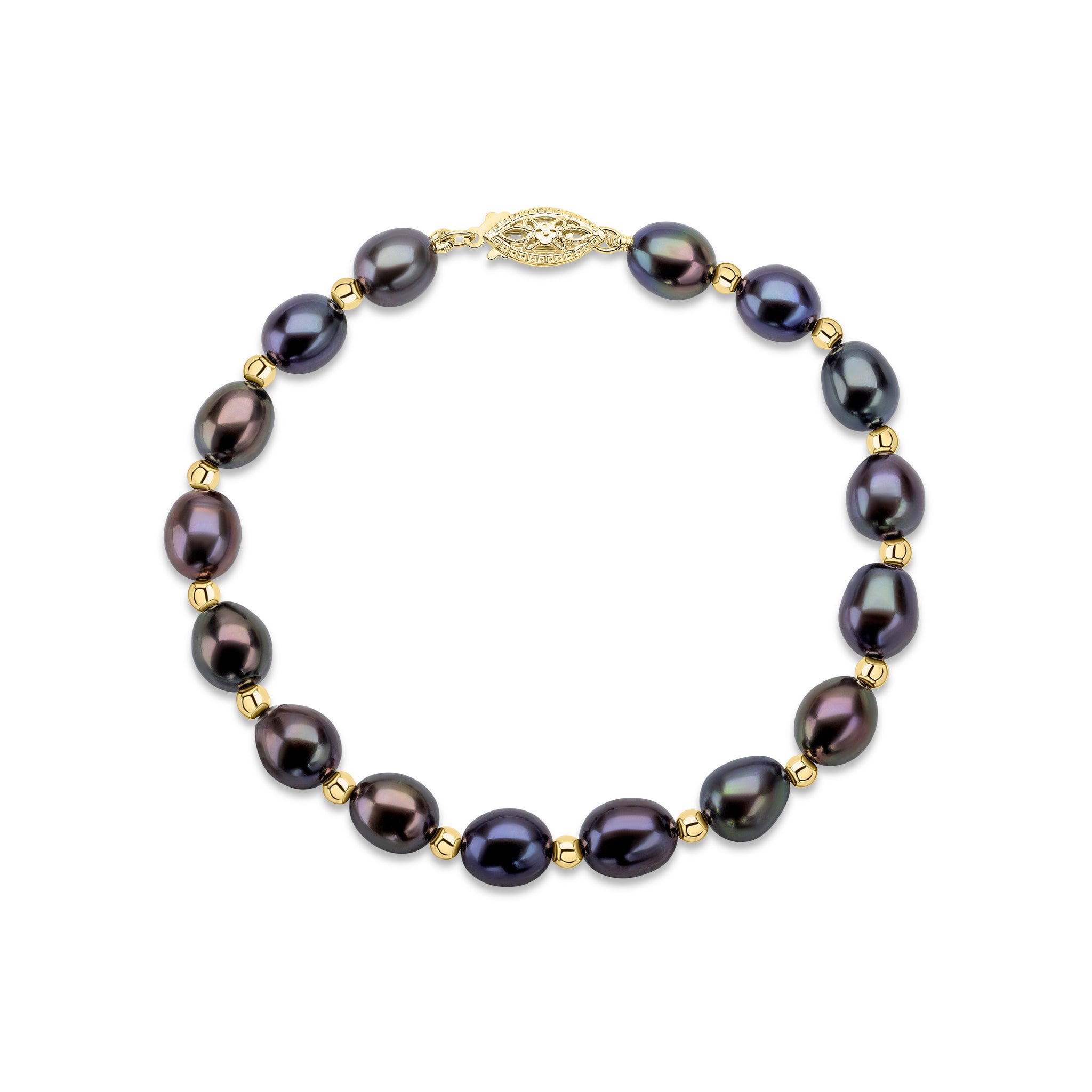 Genuine 9ct Yellow Gold Black Rice Pearl & Gold Bead Bracelet with Fancy Clasp 7.5"