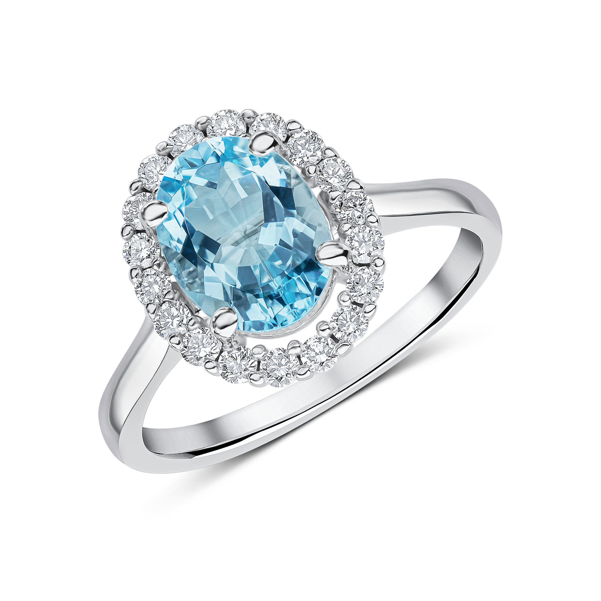 18ct White Gold 9x7 Oval Aquamarine and Diamond Claw Cluster Ring