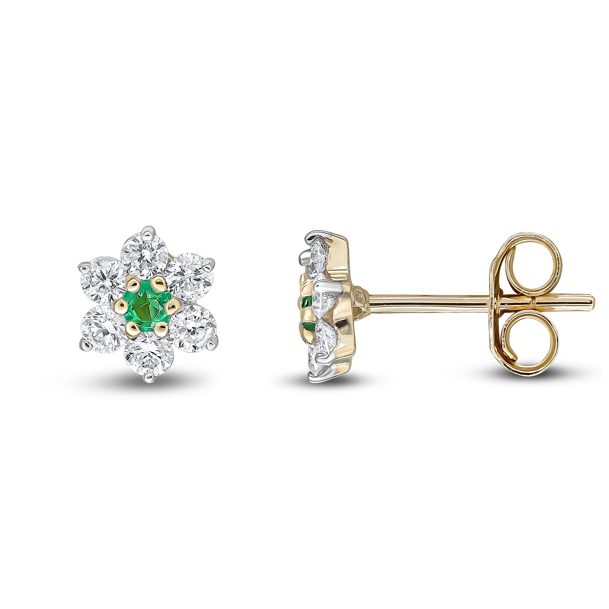 9ct Yellow Gold Round Emerald and Diamond Claw Cluster Earrings