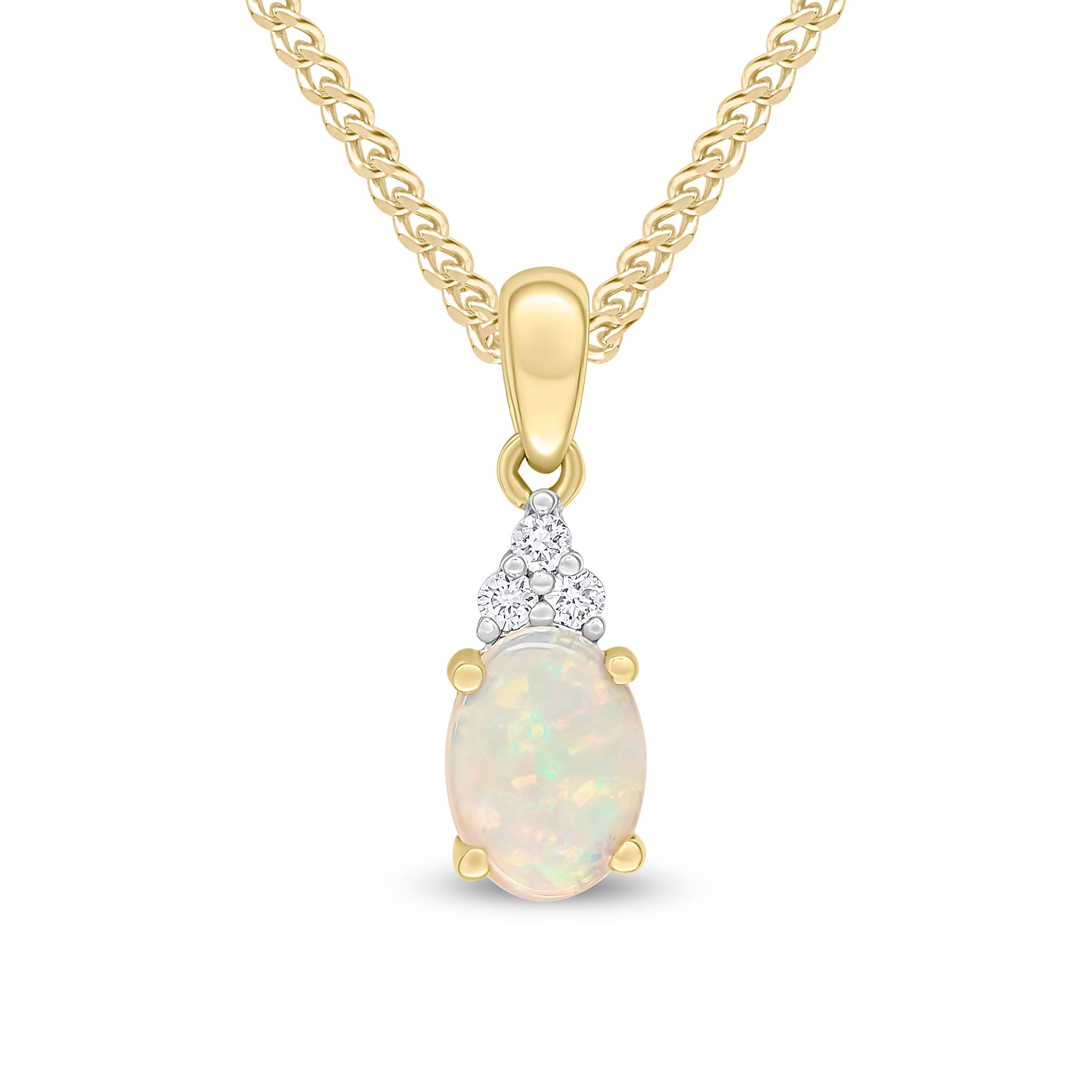 18ct Yellow Gold 7x5 Oval Opal and Round Diamond Trefoil Top Claw Set Pendant with Plain Loop Rhodium to Diamonds