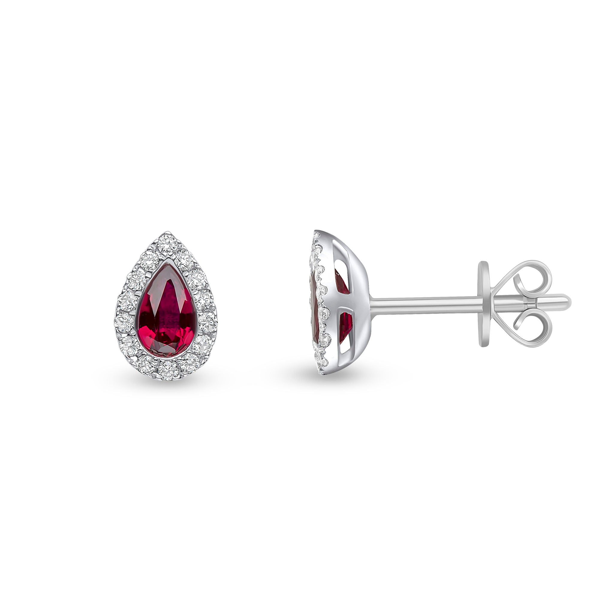 18ct White Gold 5x3 Pear Shape Ruby & Diamond Microset Cluster Earrings
