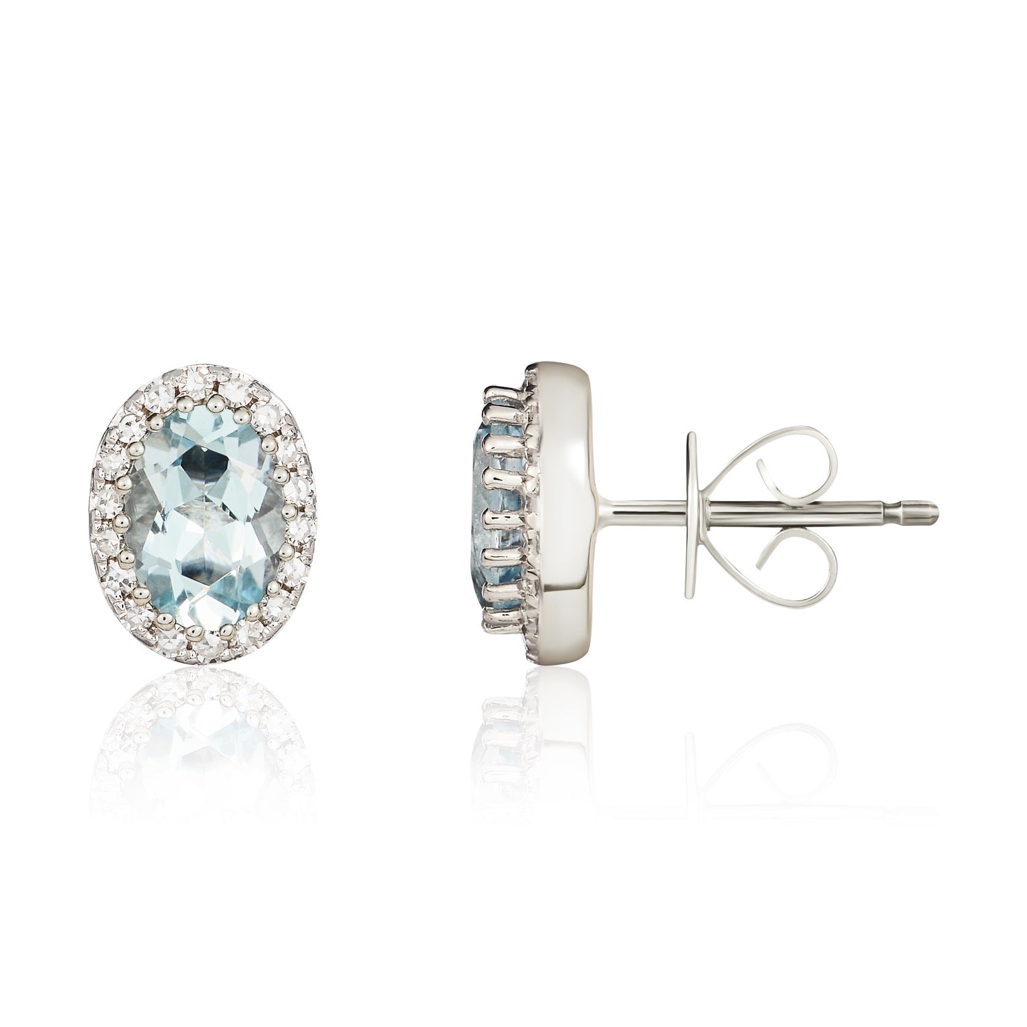 9ct White Gold Oval Aquamarine and Diamond Claw Cluster Earrings