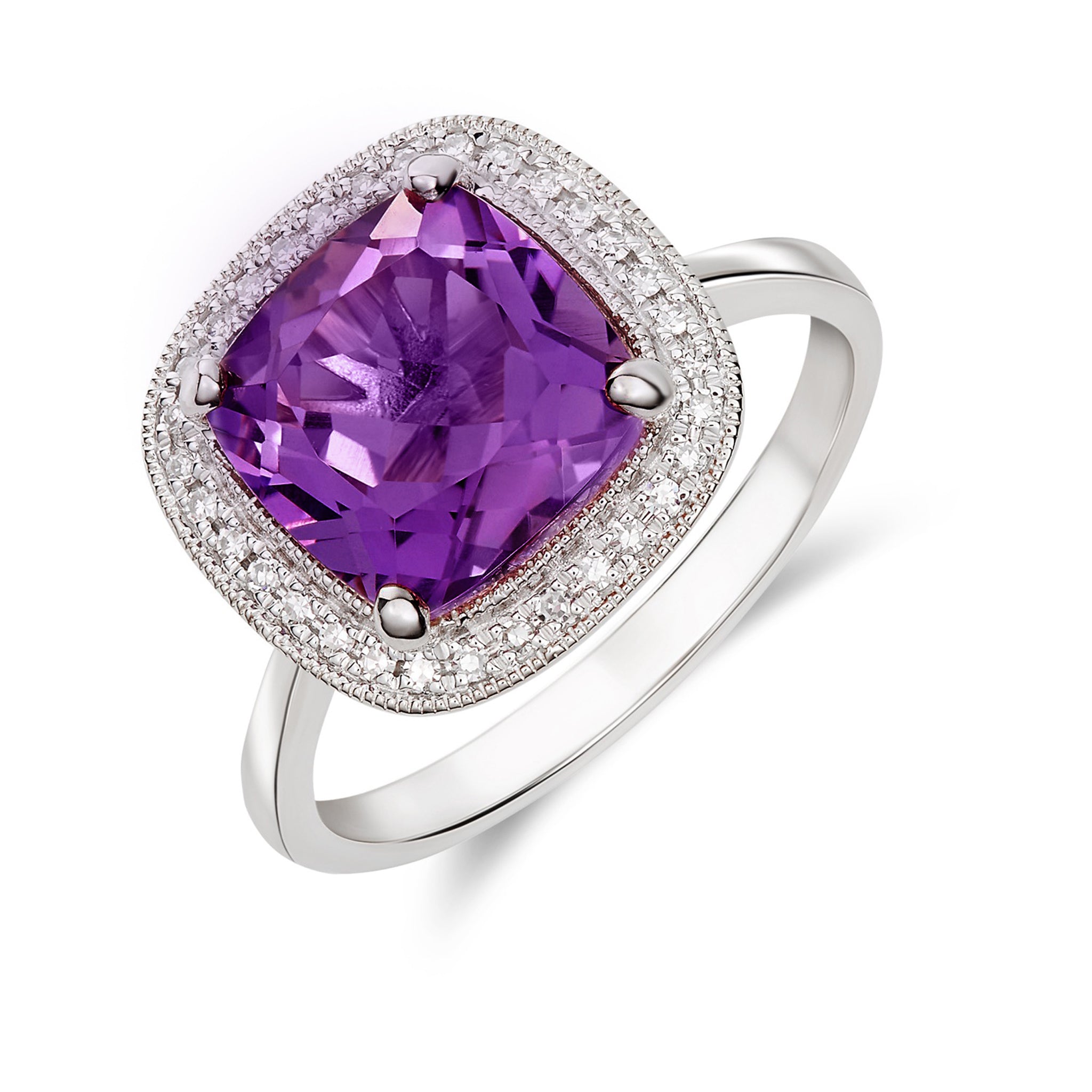 9CT WG 9MM CUSHION AMETHYST AND DIAMOND CLUSTER RING WITH MILLEGRAIN EDGE. 1