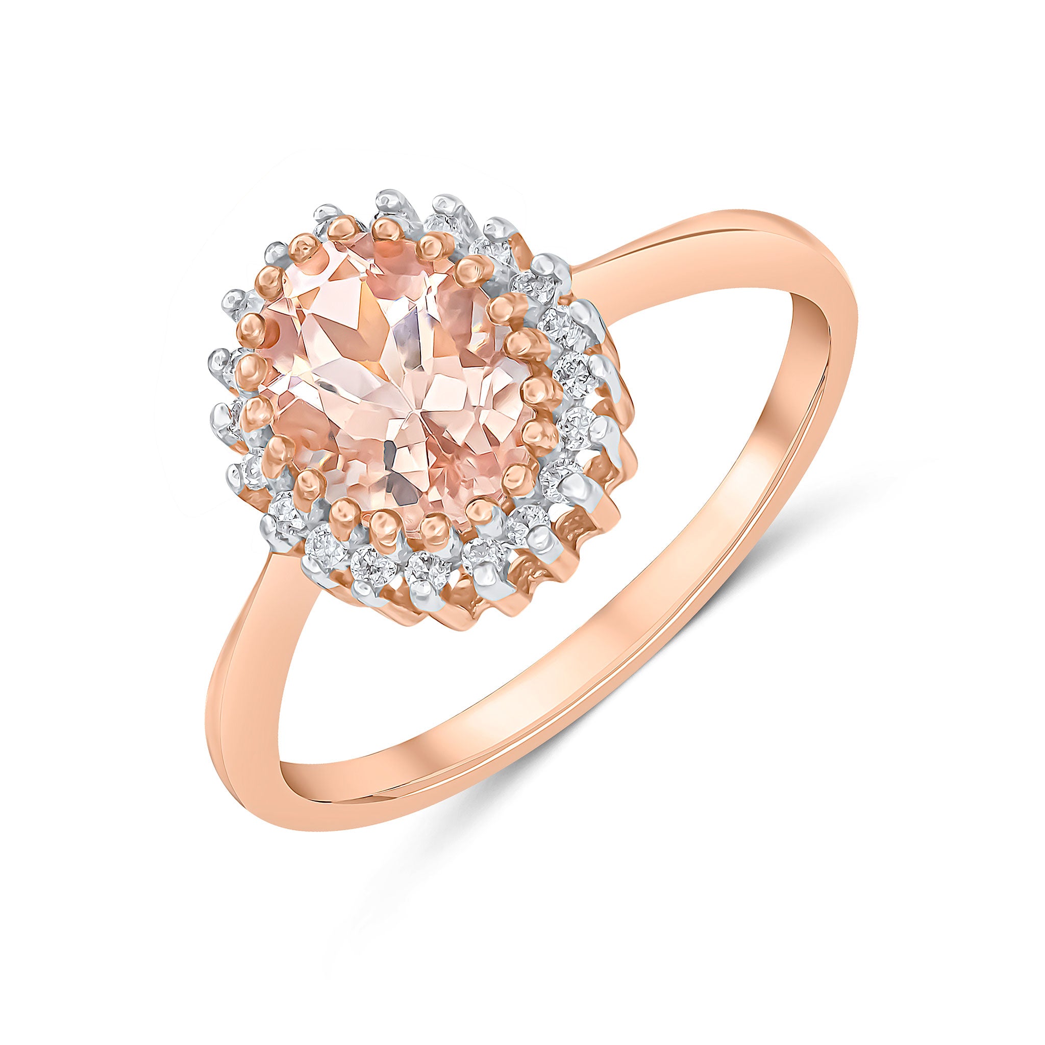 9ct Rose Gold 8x6 Oval Morganite & Diamond Claw Set Cluster Ring Rhodium to Diamonds