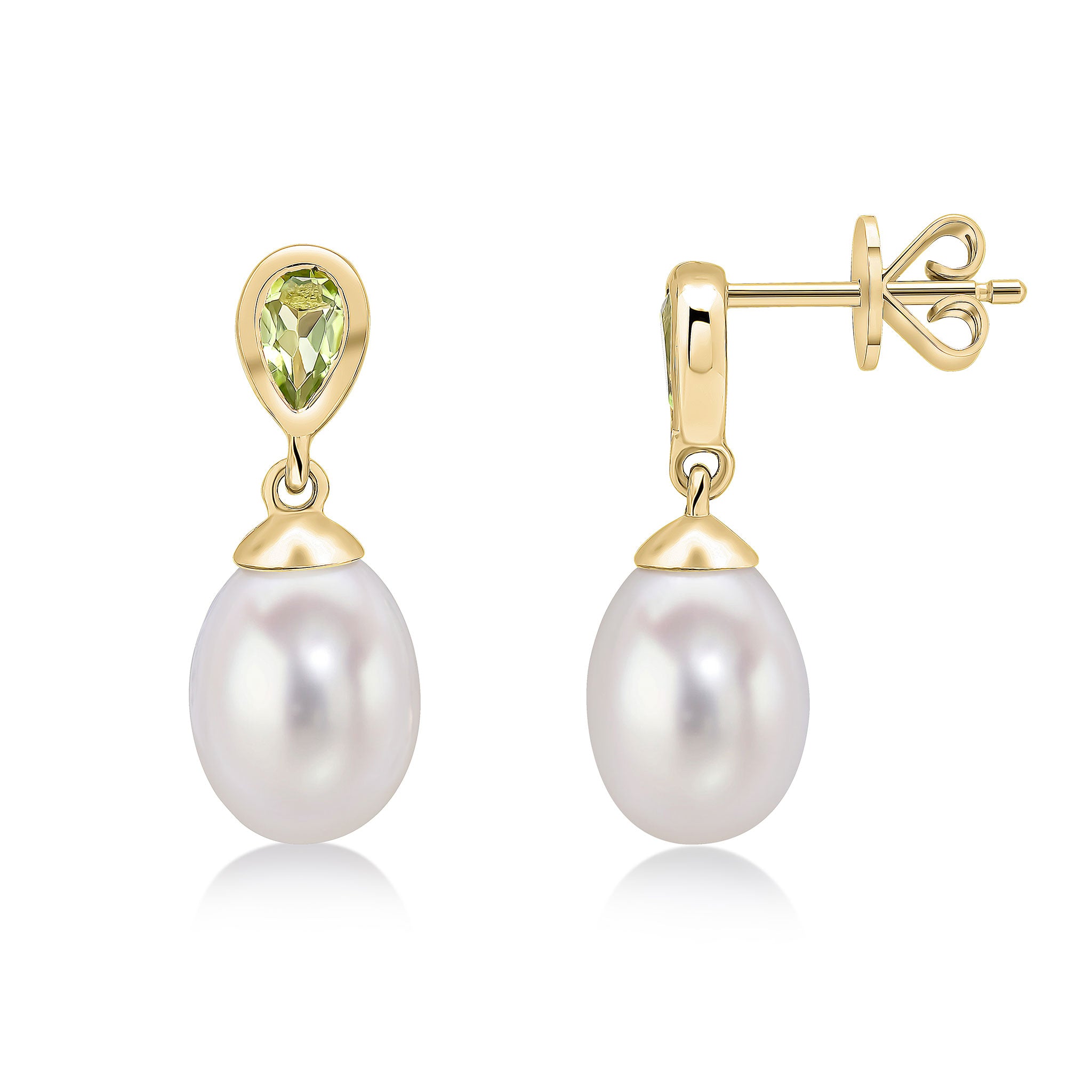 9ct Yellow Gold Pearl & Single Pear Shape Peridot Drop Earrings