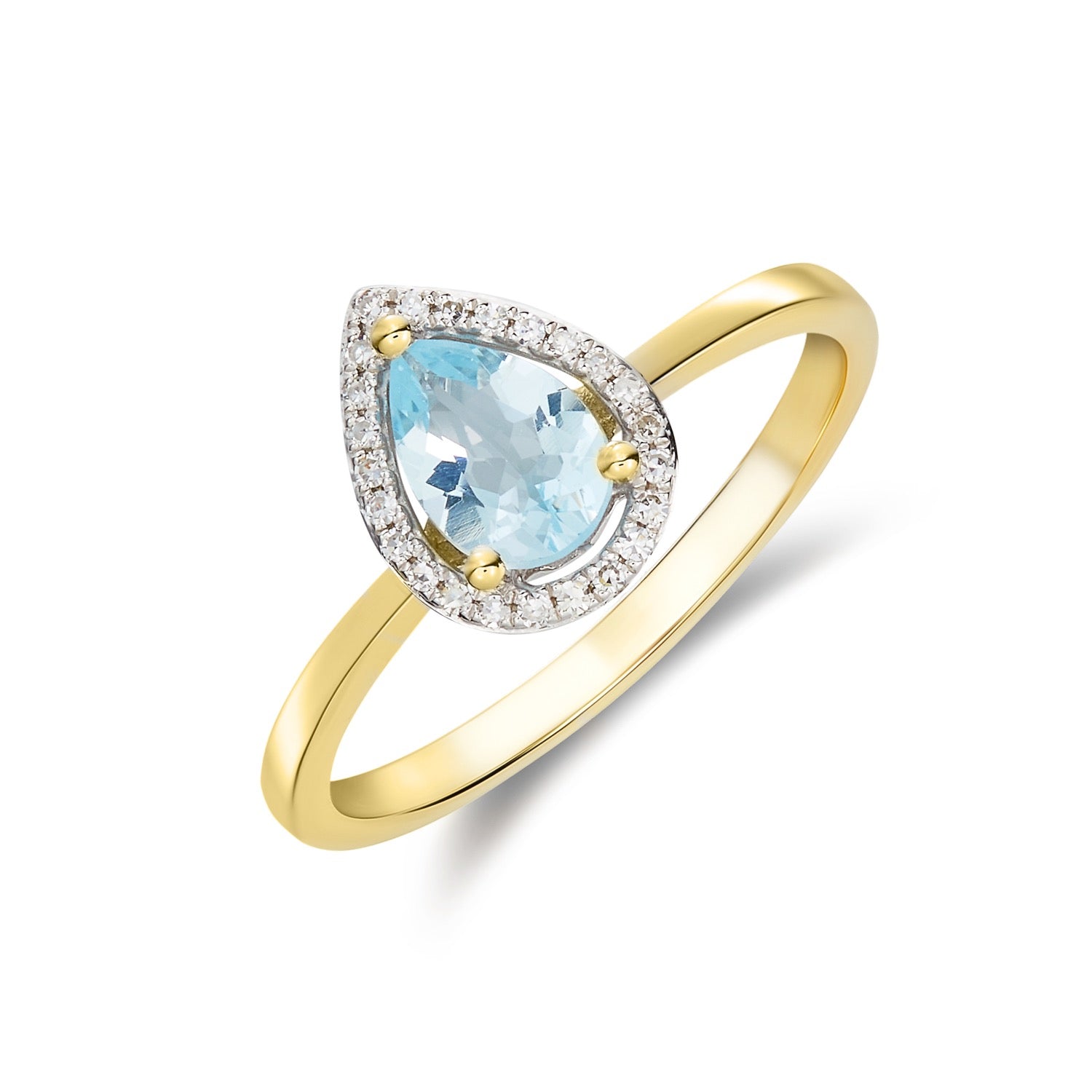 9ct Yellow Gold 7x5 Pear Shape Aquamarine & Diamond Halo Claw Cluster Ring Rhodium to Diamonds