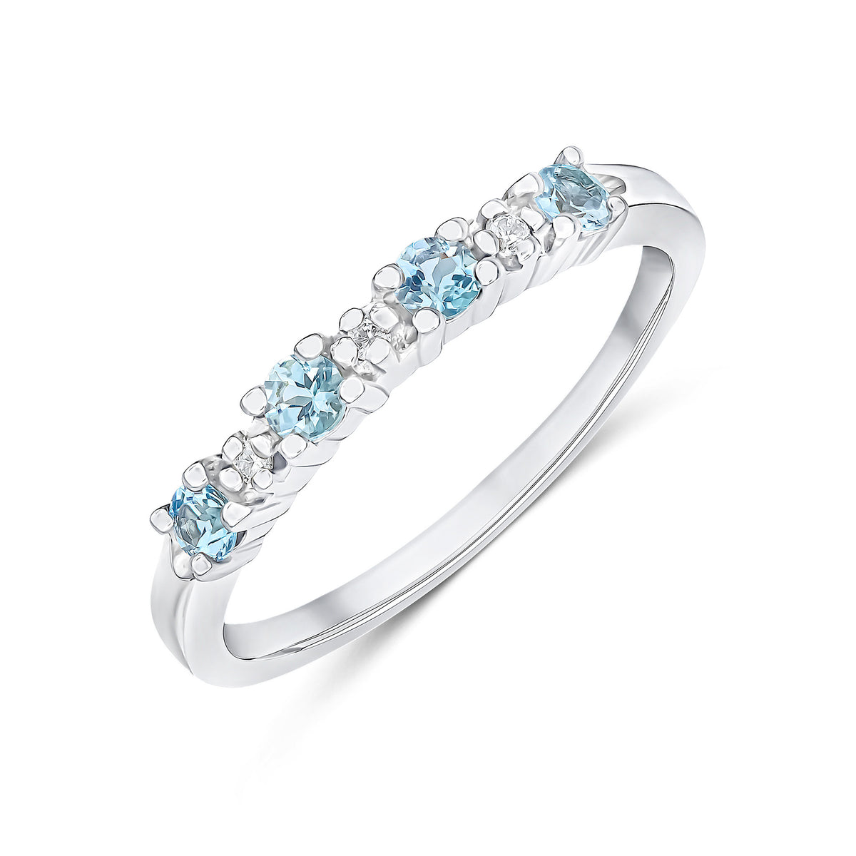 9ct White Gold Round Aquamarine & Diamond 7 Stone Claw Set Ring