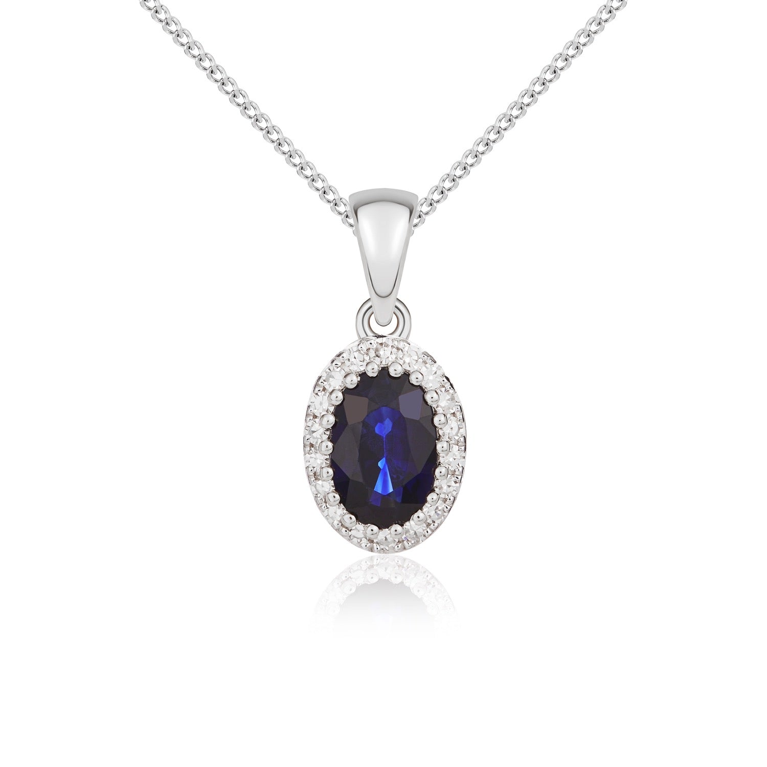 9ct White Gold Oval Sapphire and Diamond Claw Cluster Pendant