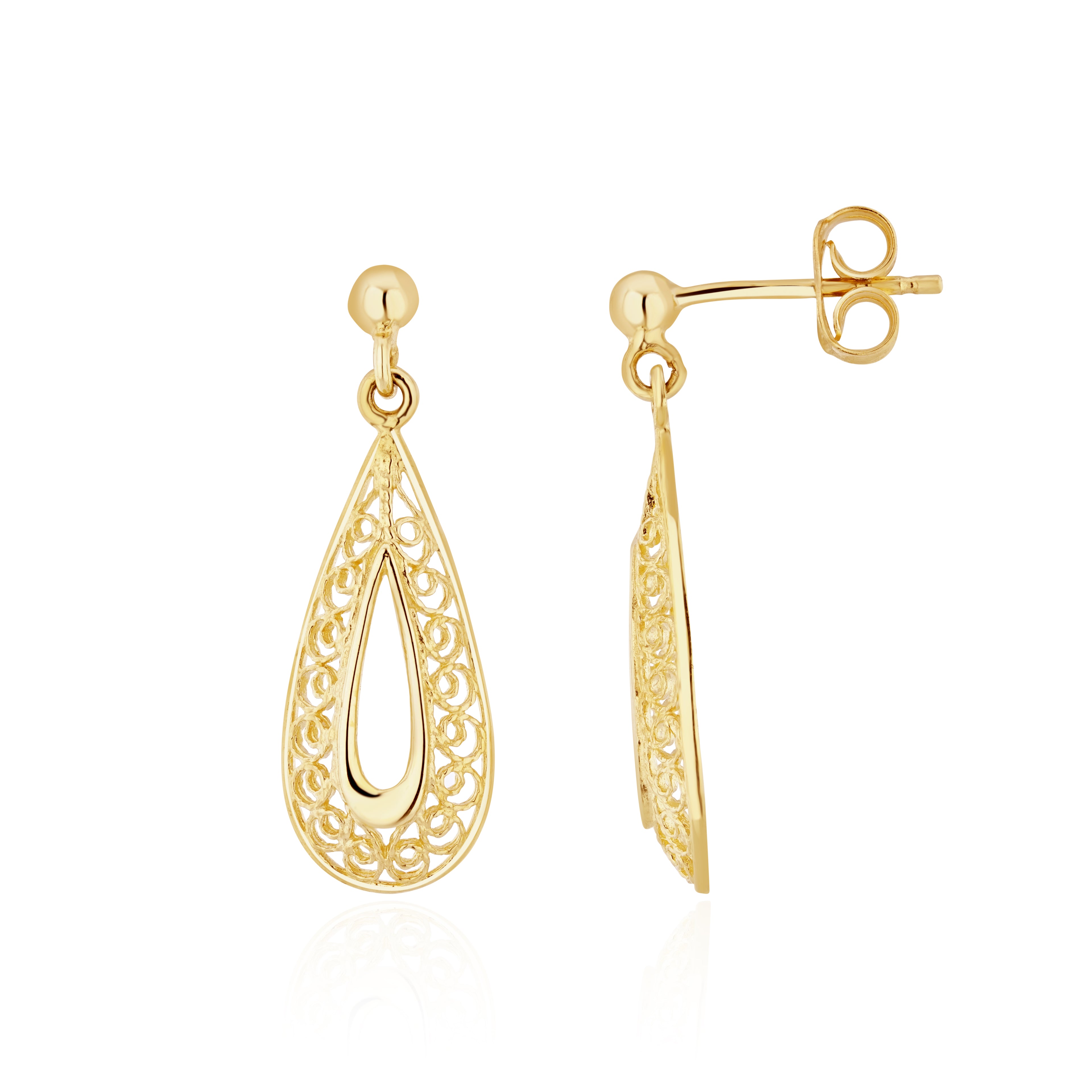 9ct yellow gold Filigree Open Pearshape Drop Earrings With 3mm Ball Top