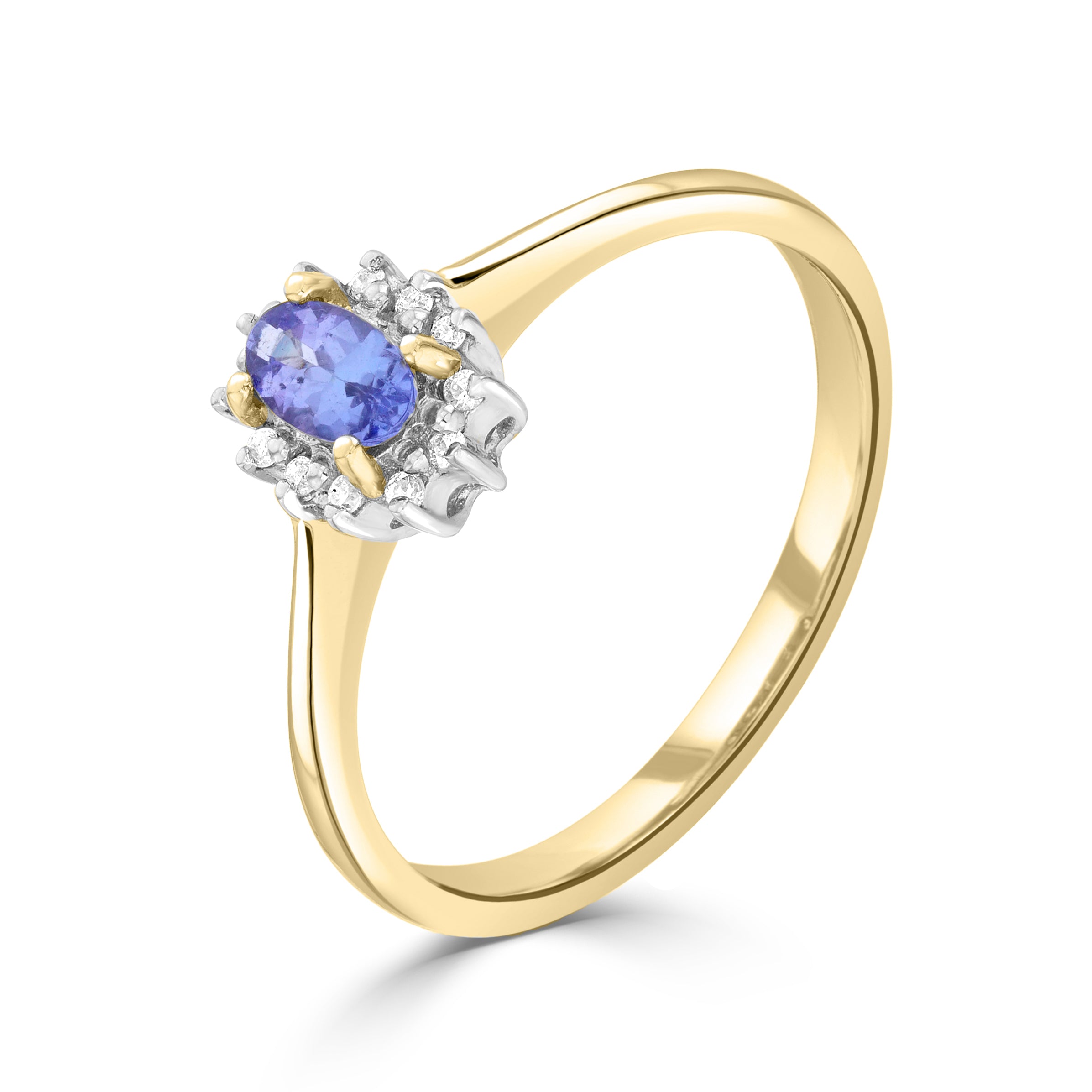 9ct Yellow Gold 5x3 Oval Tanzanite & Diamond Claw Set Cluster Ring Rhodium to Diamonds