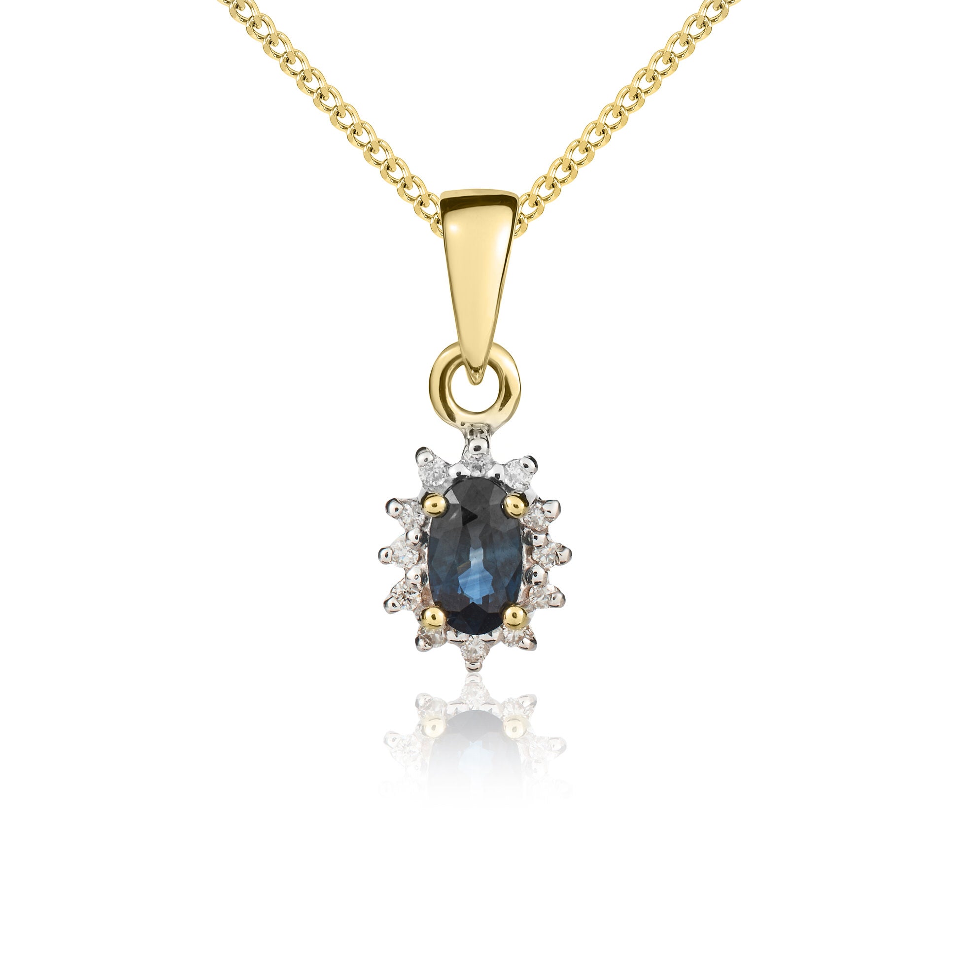 9ct Yellow Gold Oval Blue Sapphire & Diamond Cluster Pendant
