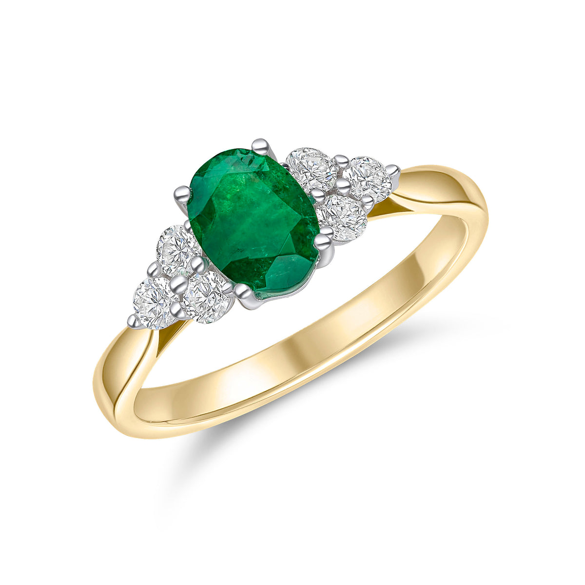 18ct Ywg 7x5 Oval Emerald & Diamond Trefoil Shoulders Ring