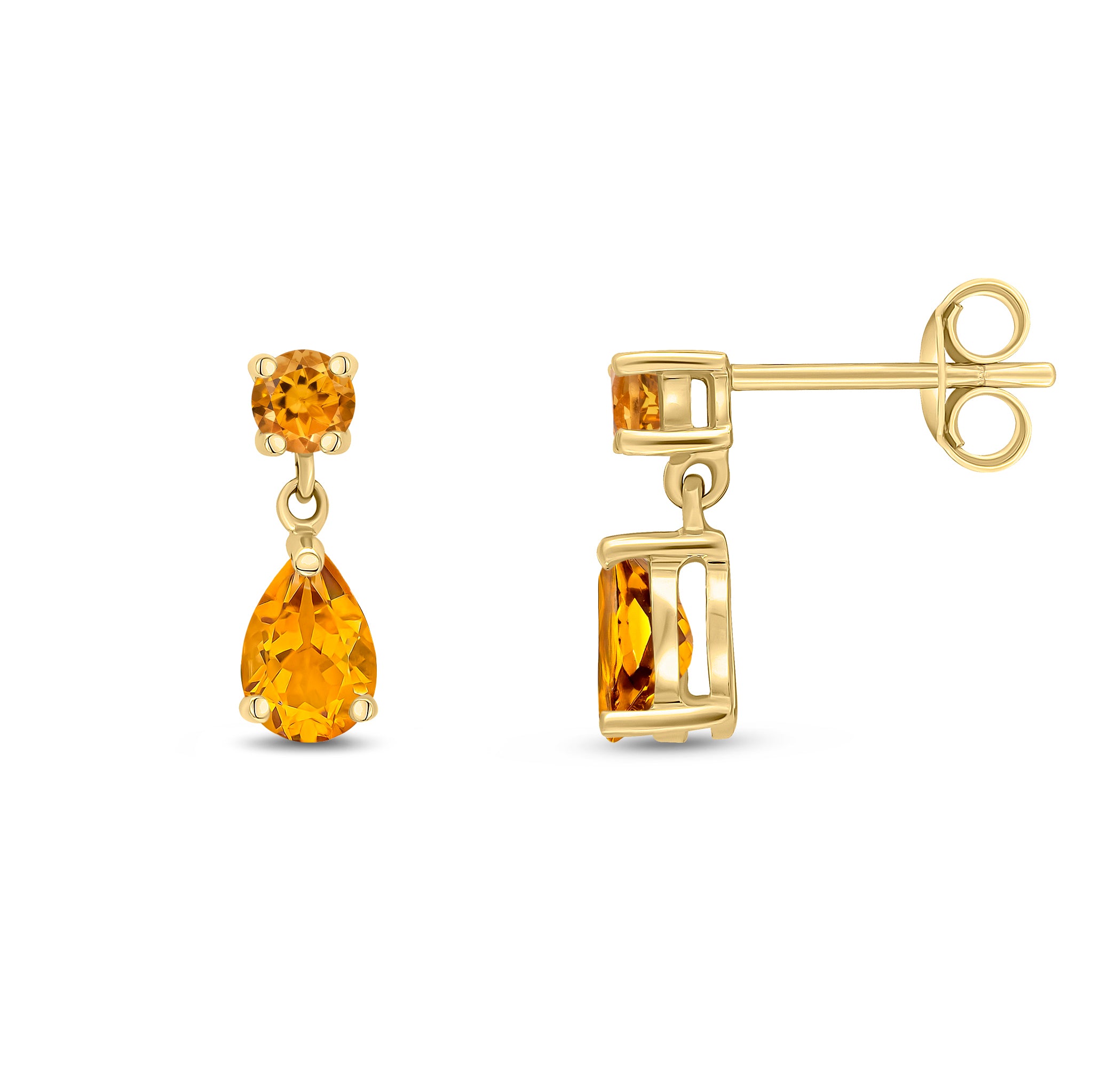 9ct Yellow Gold Round and Pear Shape Citrine 2 Stone Claw Set Drop Earrings