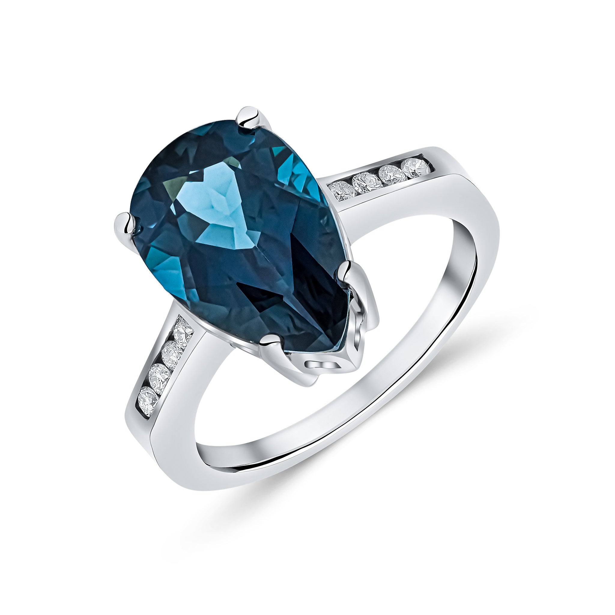 9CT WG 14X9 PEARSHAPE LONDON BLUE TOPAZ SINGLE STONE RING WITH CHANNEL SET DIAMOND SHOULDERS 1