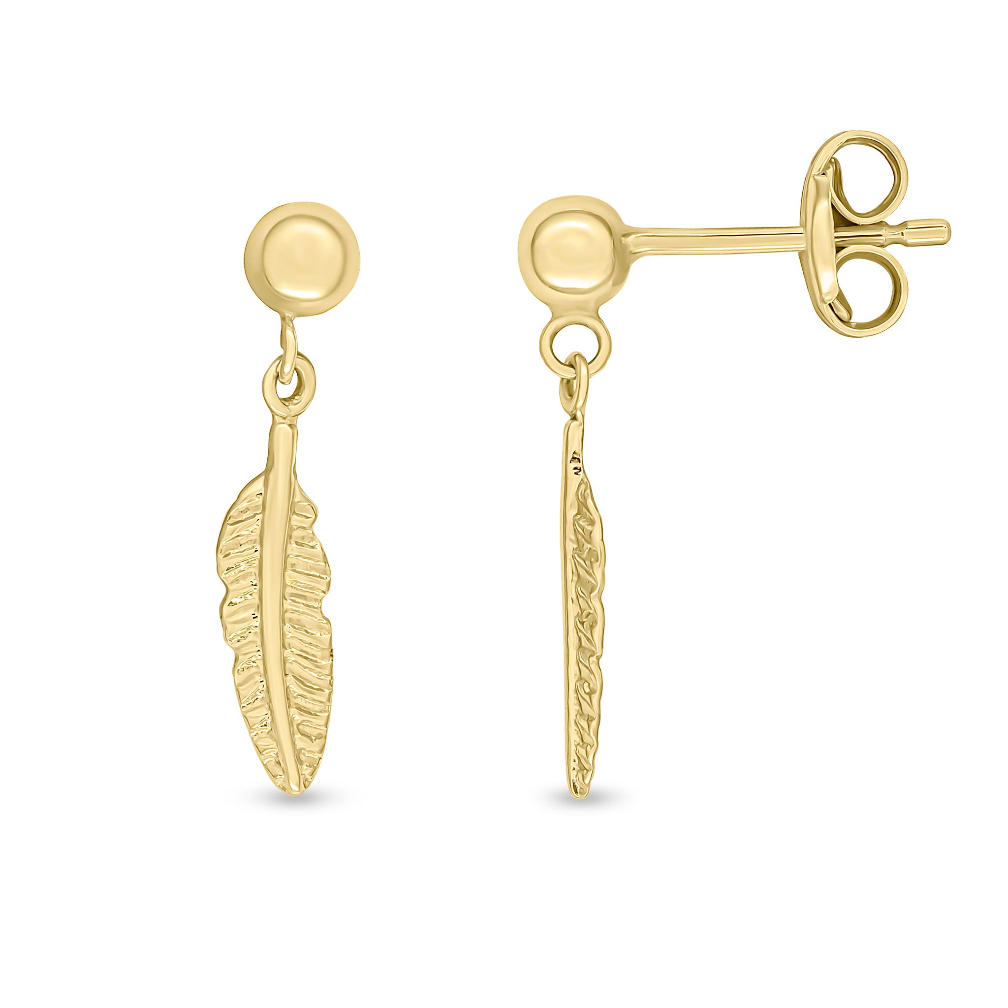 9ct Yellow Gold Feather Drop Earrings With Ball Stud Top