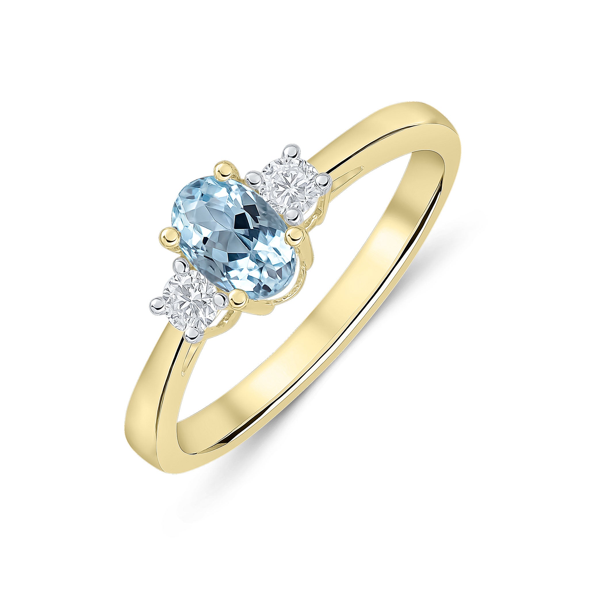 9ct Yellow Gold 6x4 Oval Aquamarine and Round Diamond Claw Set 3 Stone Ring Rhodium to Diamonds