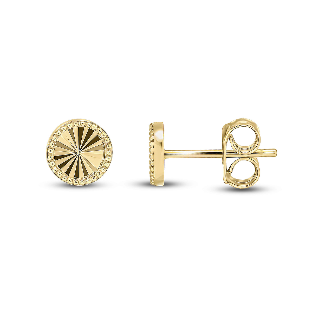 9ct Yellow Gold Diamond Cut Beaded Edge Round Circle Stud Earrings