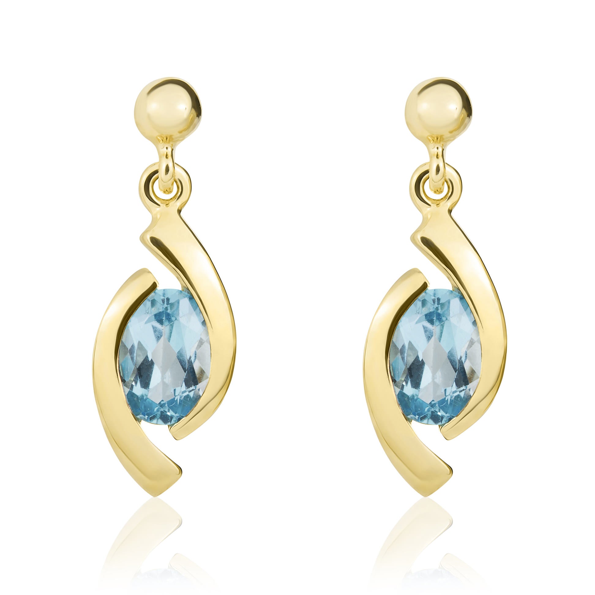 9ct Yellow Gold Oval Swiss Blue Topaz 'eye' Drop Earrings with 3mm Bead Top