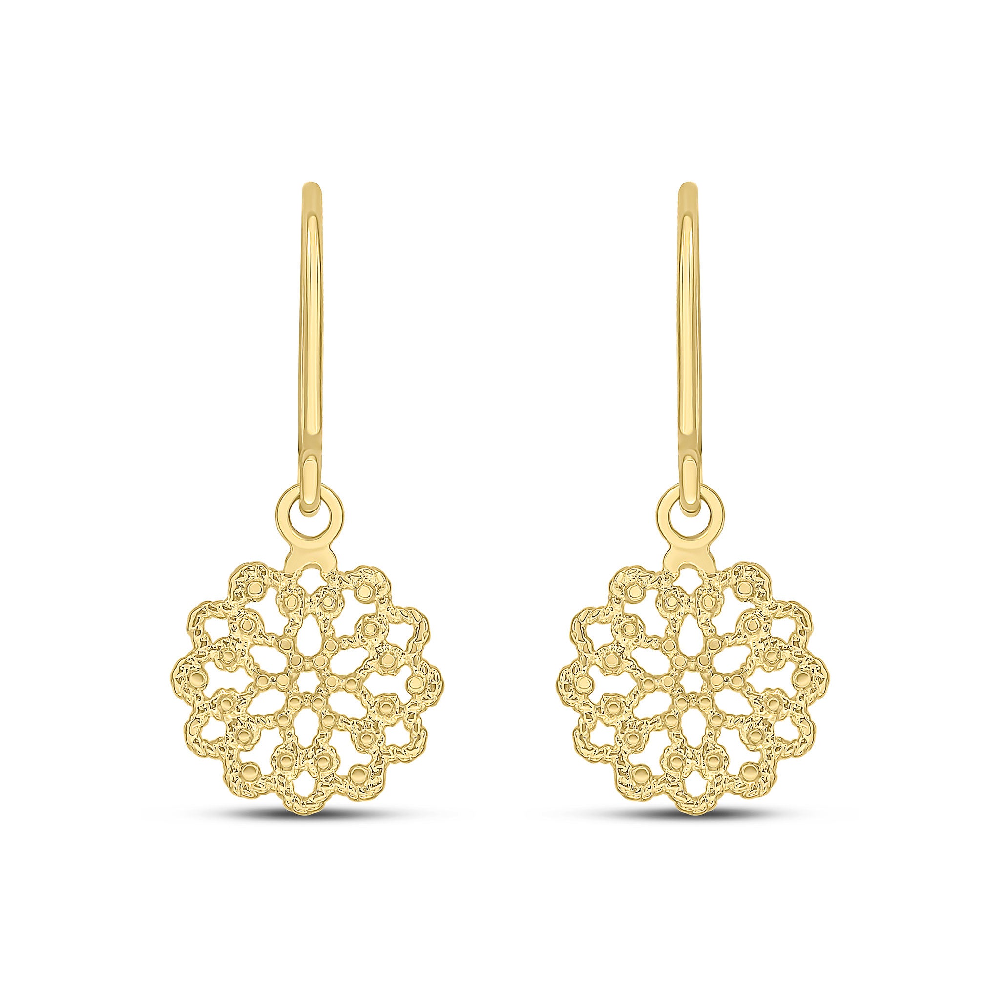 9ct Yellow Gold Round Flower Filigree Drop Earrings 25mm