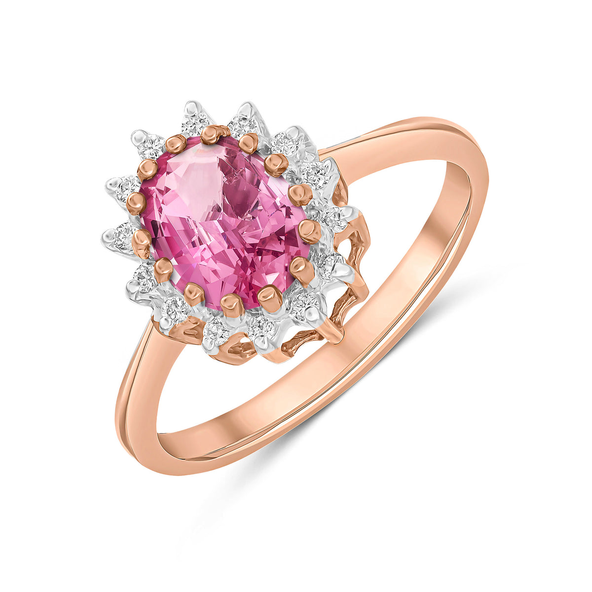 9ct Rose Gold 8x6 Oval Pink Sapphire & Diamond Claw Set Cluster Ring