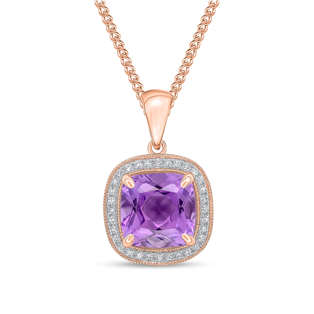 9ct Rose Gold 9mm Cushion Amethyst & Diamond Cluster Pendant Milgrain Edge