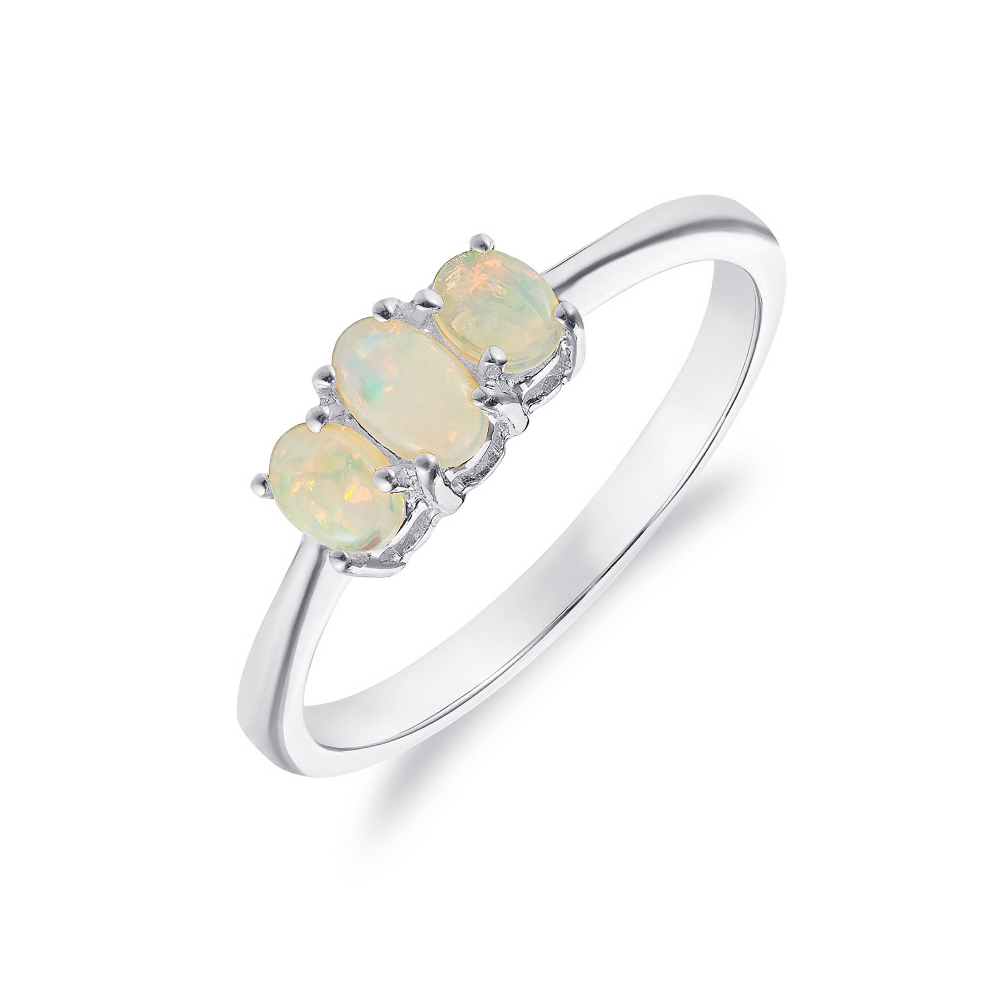 9ct White Gold Oval Opal 3 Stone Claw Set Ring