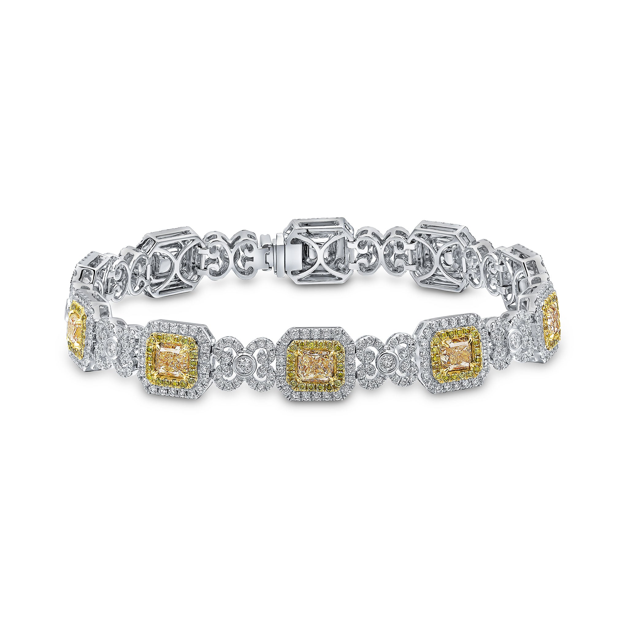 18ct Yellow and White Gold Radiant and Round Yellow Diamond and Round Diamond Clusters and Scrolls Bracelet All Claw Set