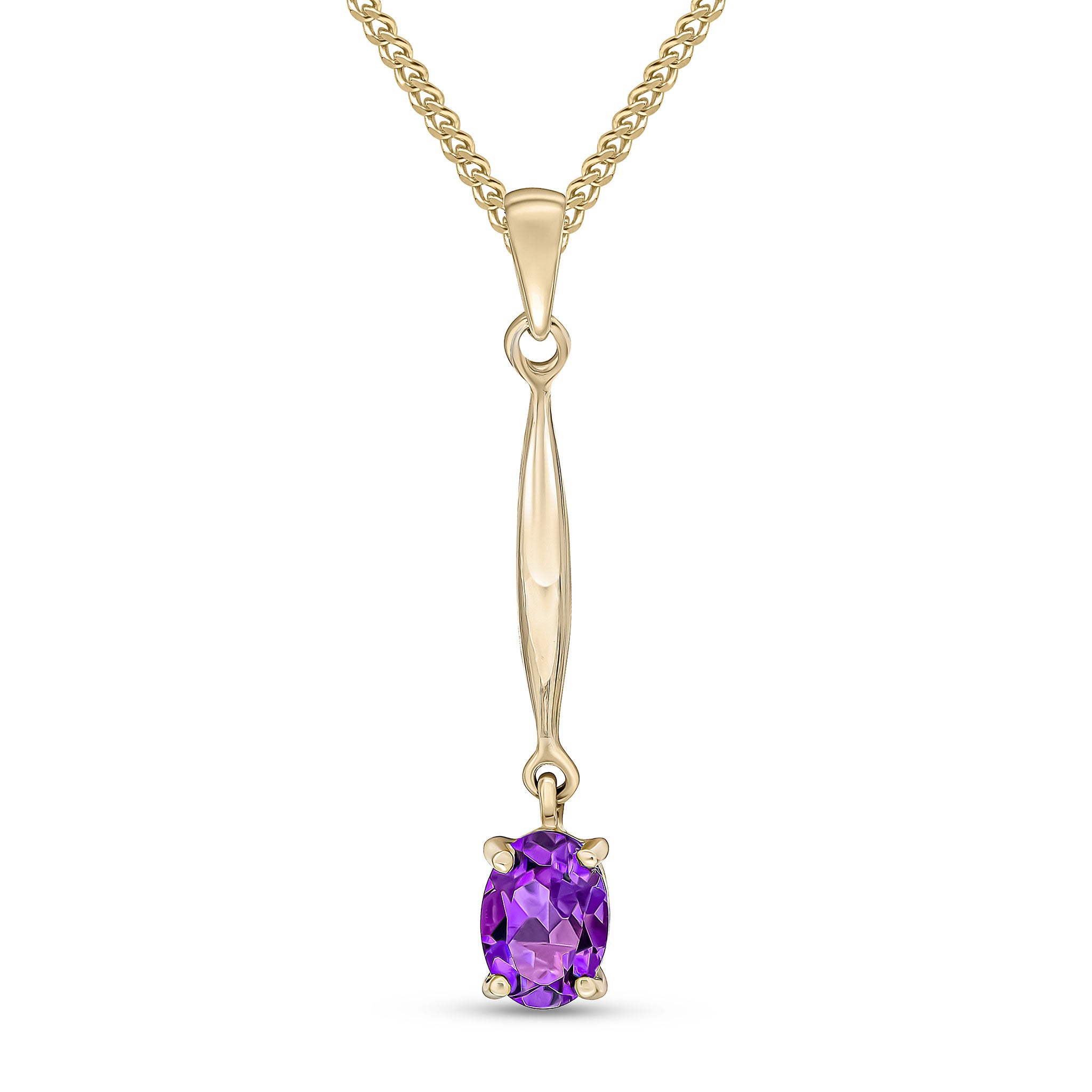 9ct Yellow Gold Oval Amethyst Claw Bar Drop Pendant