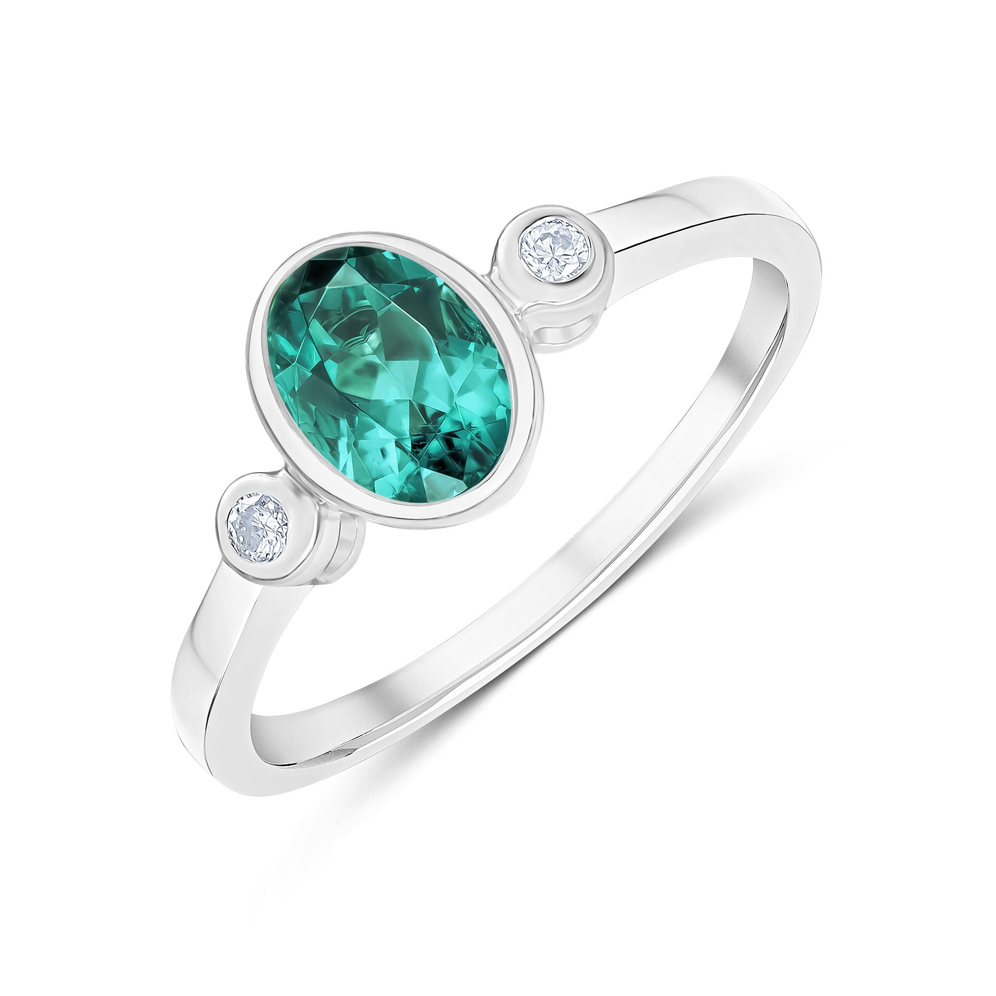 9ct White Gold 7x5 Oval Green Tourmaline and Round Diamond 3 Stone Rubover Ring