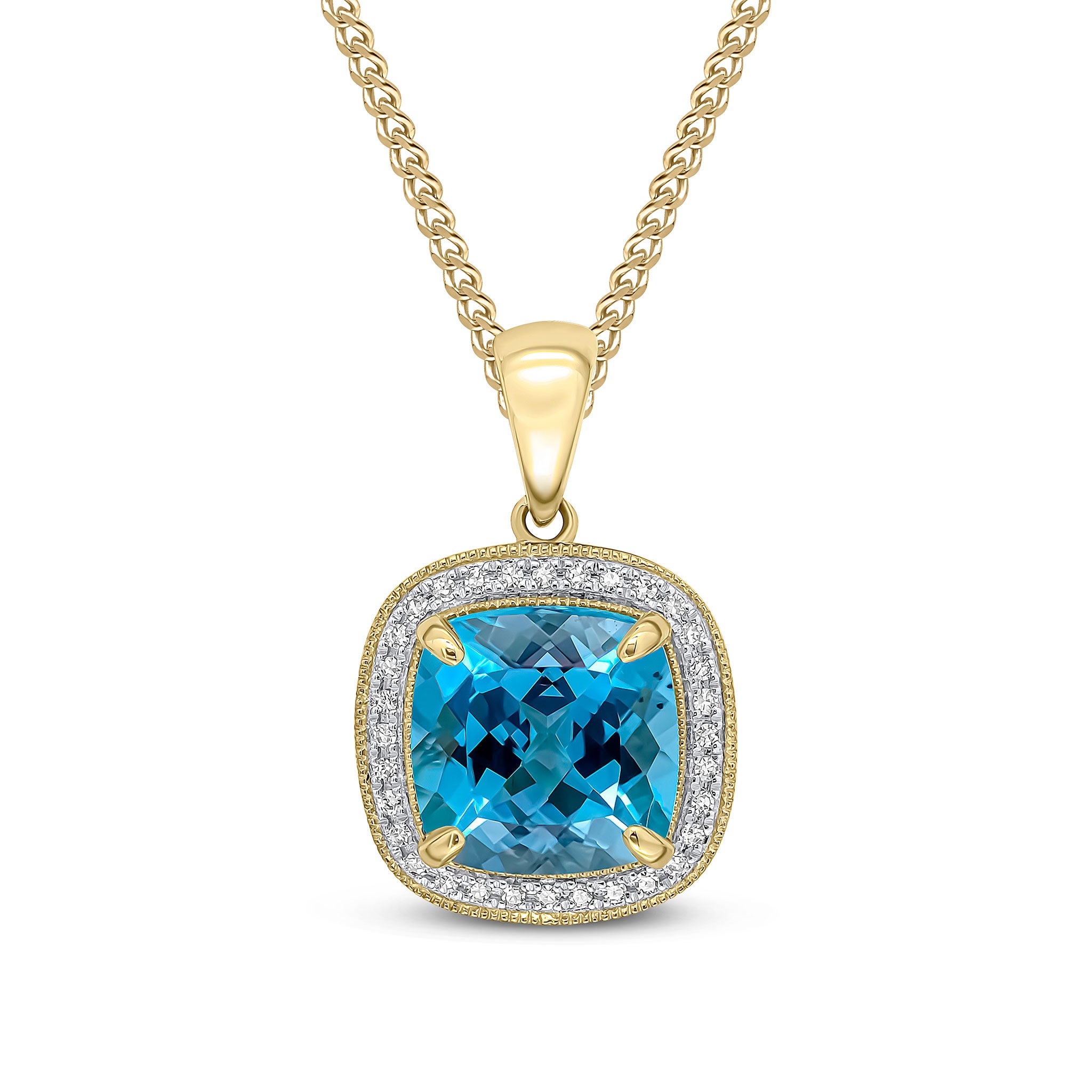 9ct Yellow Gold 9mm Cushion Swiss Blue Topaz & Diamond Cluster Pendant Milgrain Edge