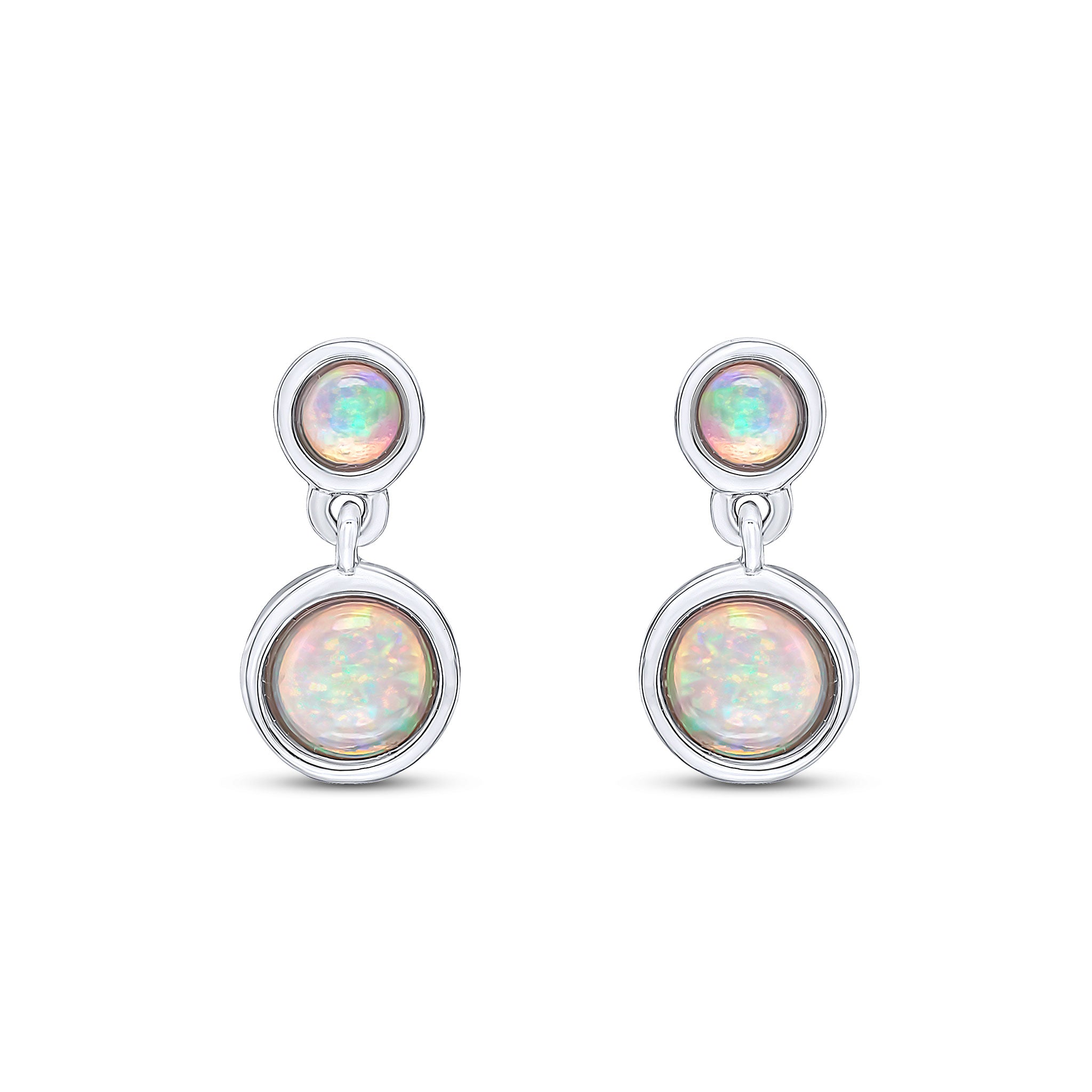 9ct White Gold Round Opal Rubover 2 Stone Drop Earrings