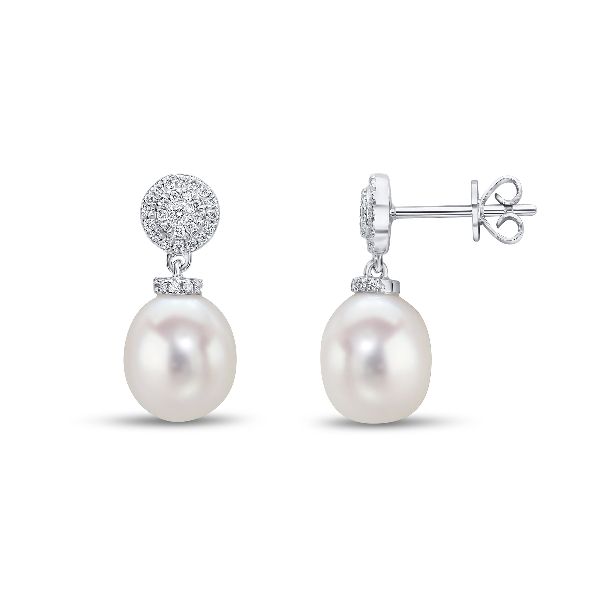 18ct White Gold Cfw Pearl and Diamond 'target' Cluster Top Drop Earrings