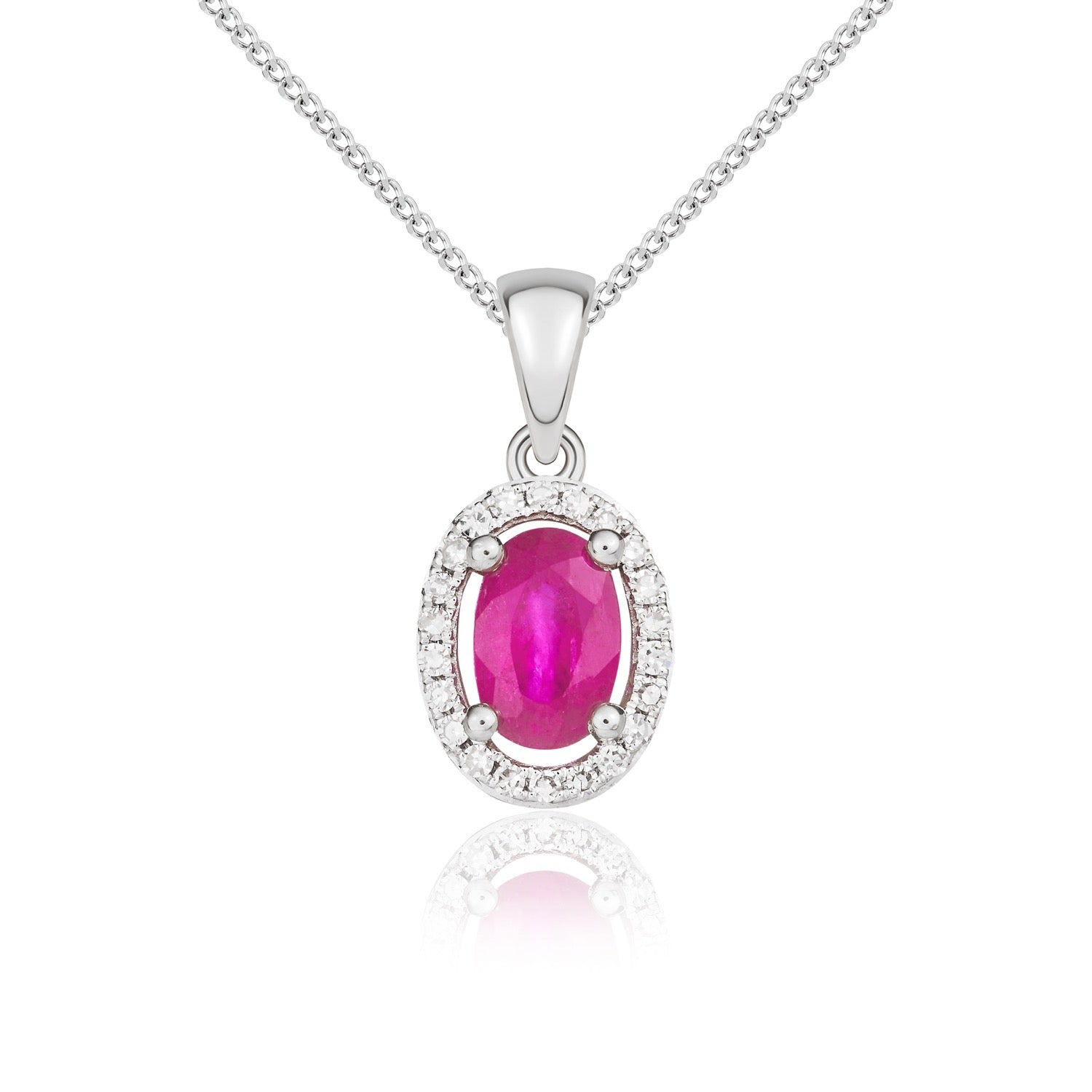9ct White Gold 6x4 Oval Ruby and Round Diamond Halo Cluster Pendant with Plain Loop Top