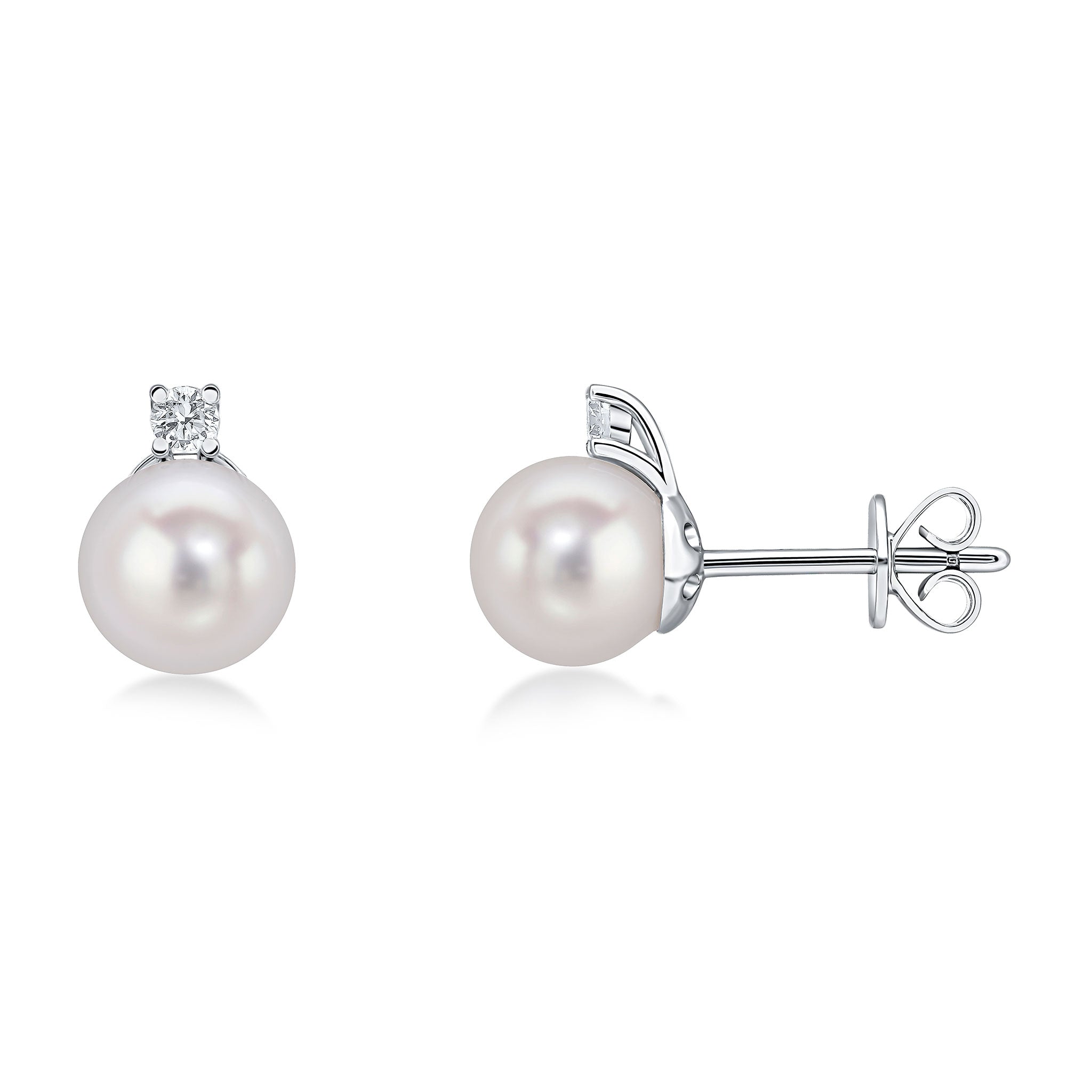 18ct White Gold 7mm Cfw Pearl & Claw Set Diamond 2 Stone Earrings