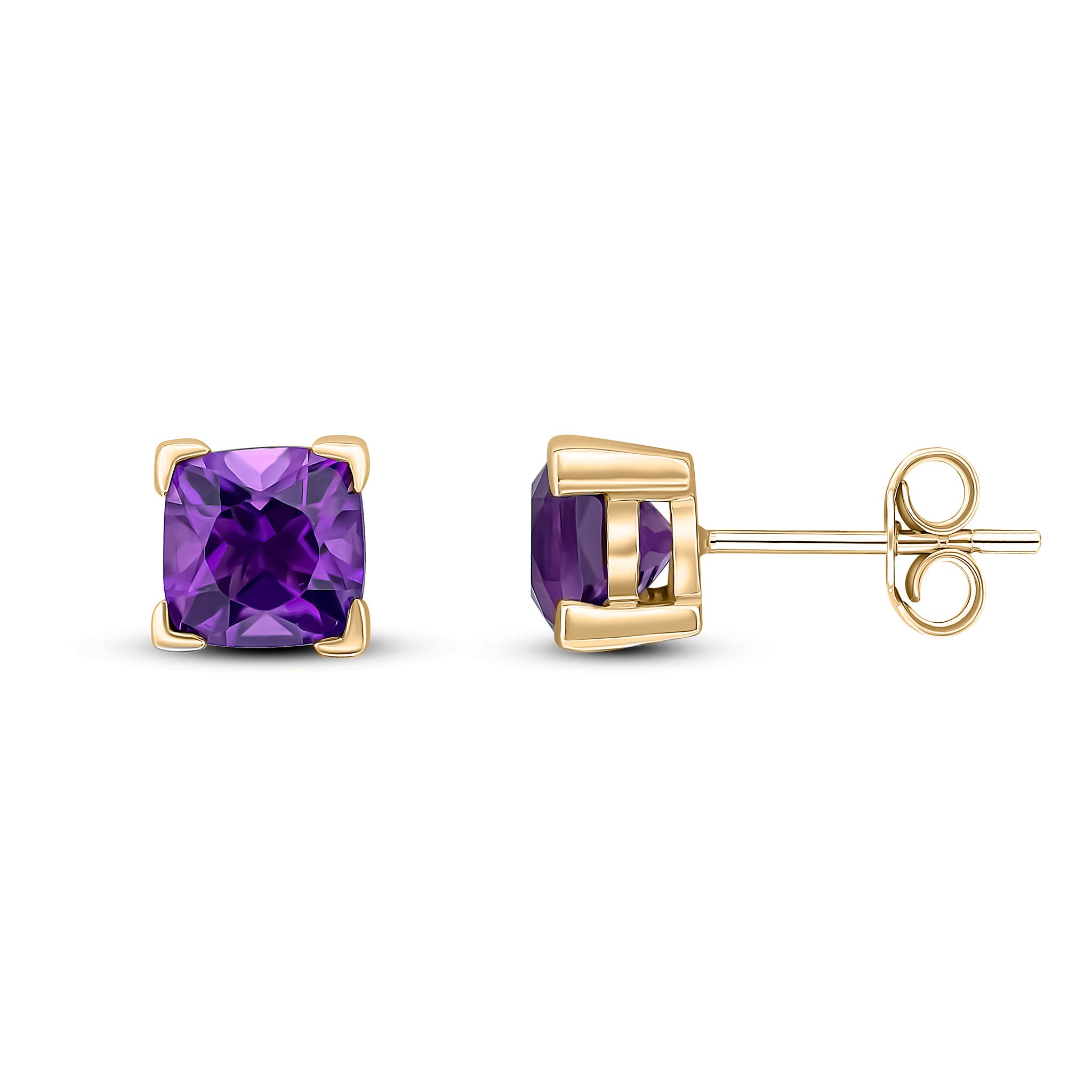 9ct Yellow Gold 6mm Cushion Amethyst Claw Set Earrings