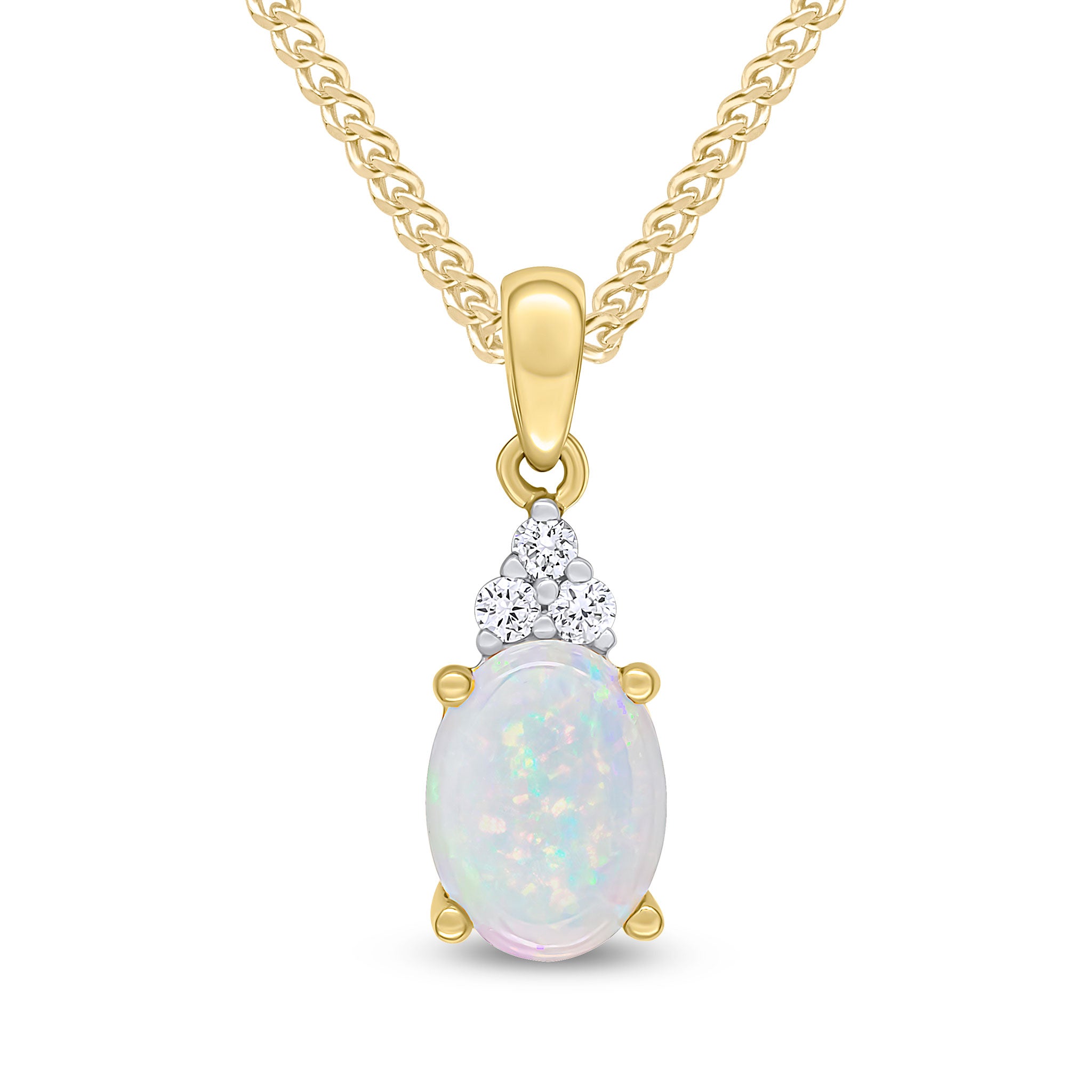 18ct Yellow Gold 8x6 Oval Opal and Round Diamond Trefoil Top Claw Set Pendant with Plain Loop Rhodium to Diamonds