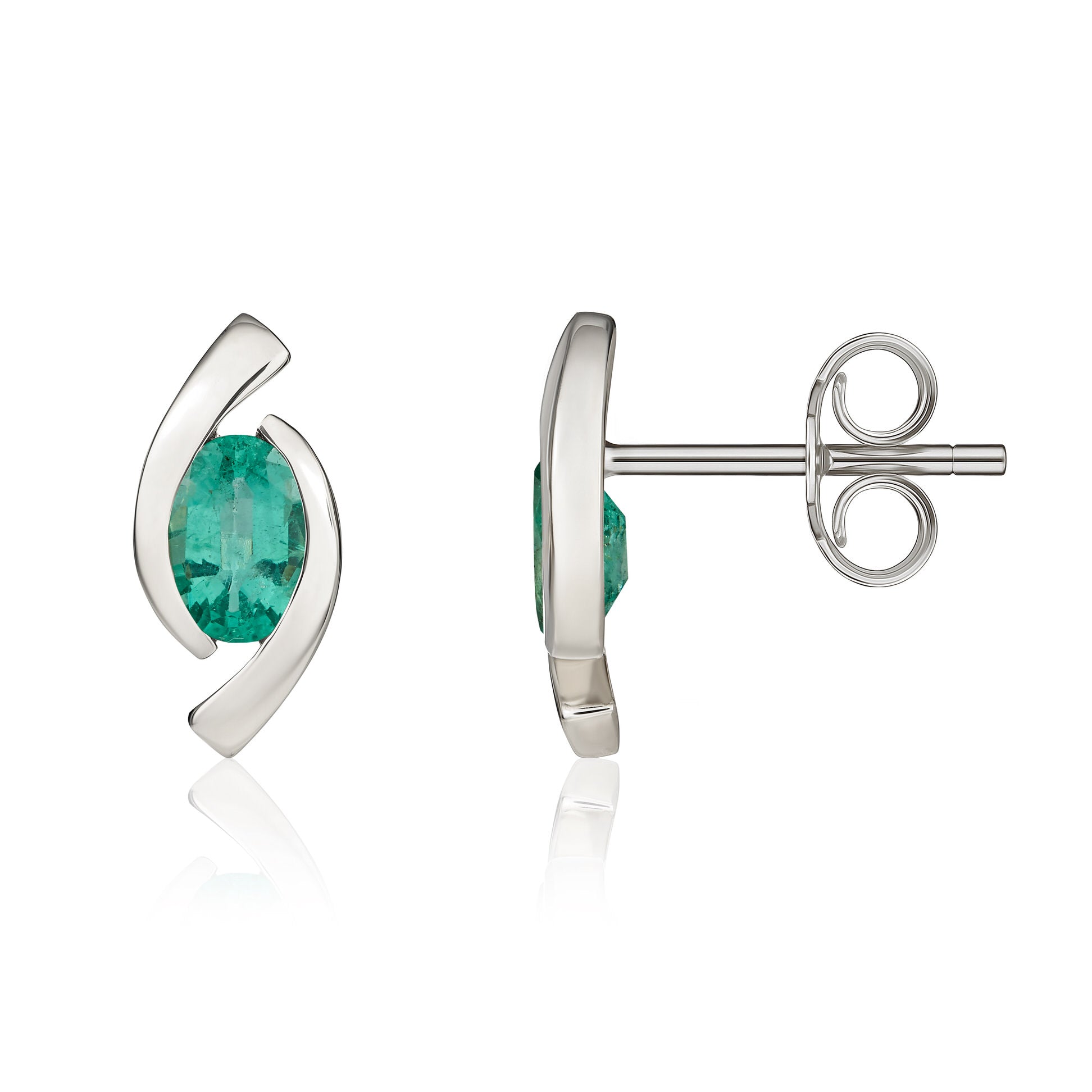 9ct White Gold 6x4 Oval Emerald 'eye' Stud Earrings