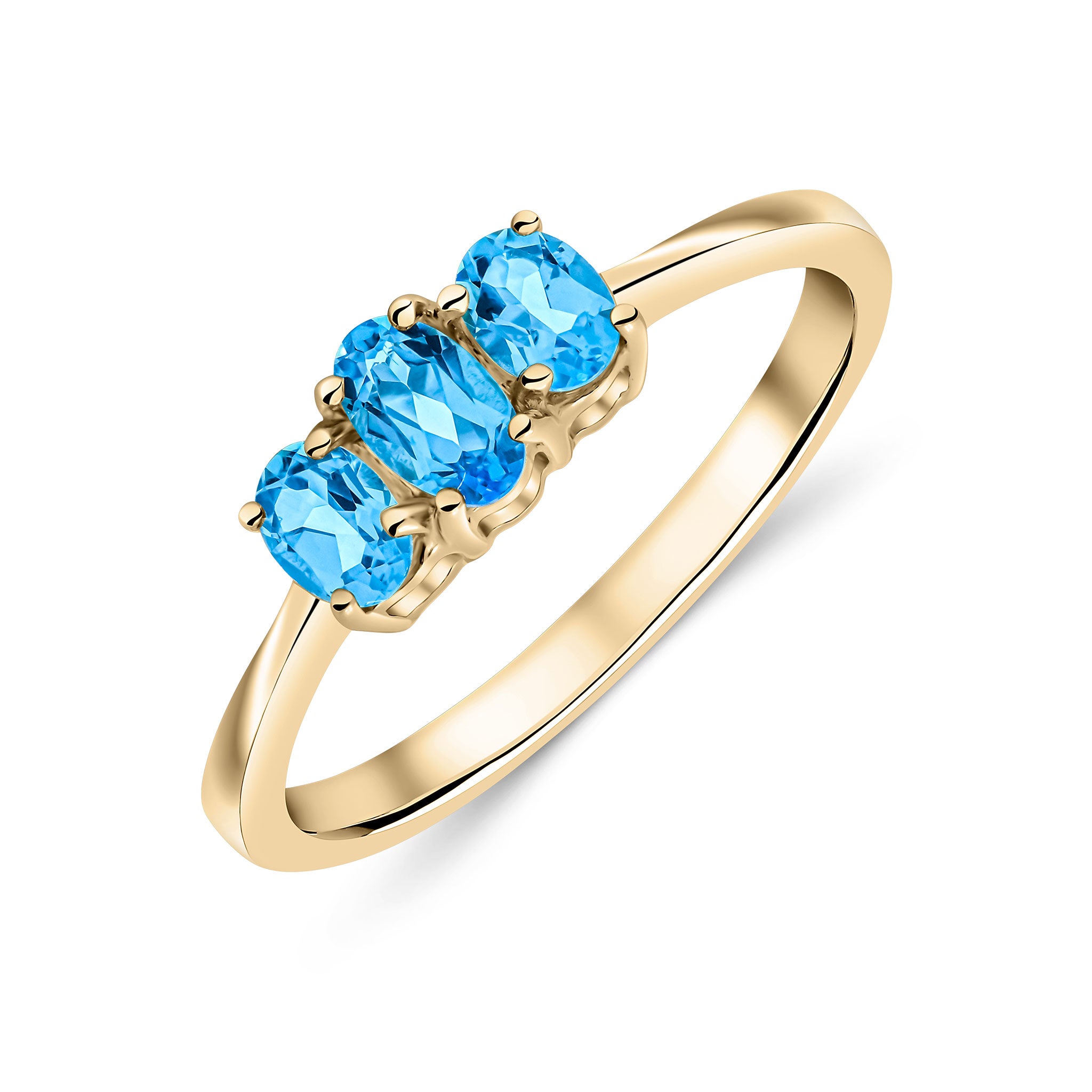 9ct Yellow Gold Oval Swiss Blue Topaz 3 Stone Claw Set Ring