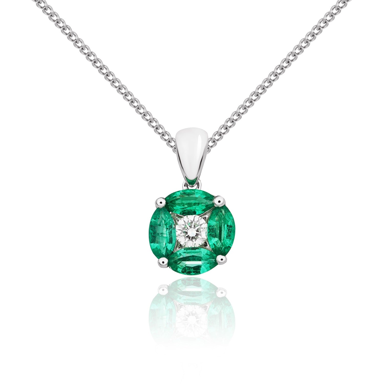 18ct White Gold Marquise Emerald and Round Diamond Claw Set Cluster Pendant with Plain Loop