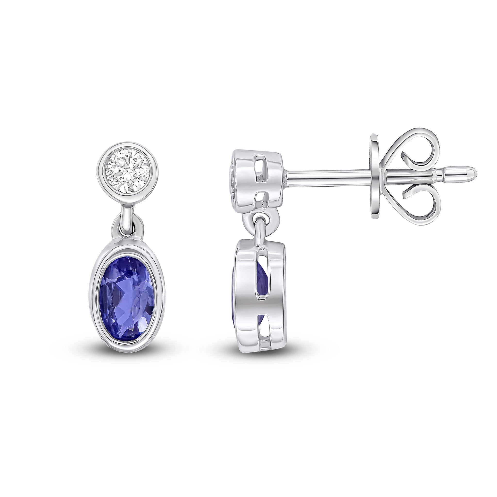 18ct White Gold Oval Tanzanite and Round Diamond 2 Stone Rubover Drop Earrings