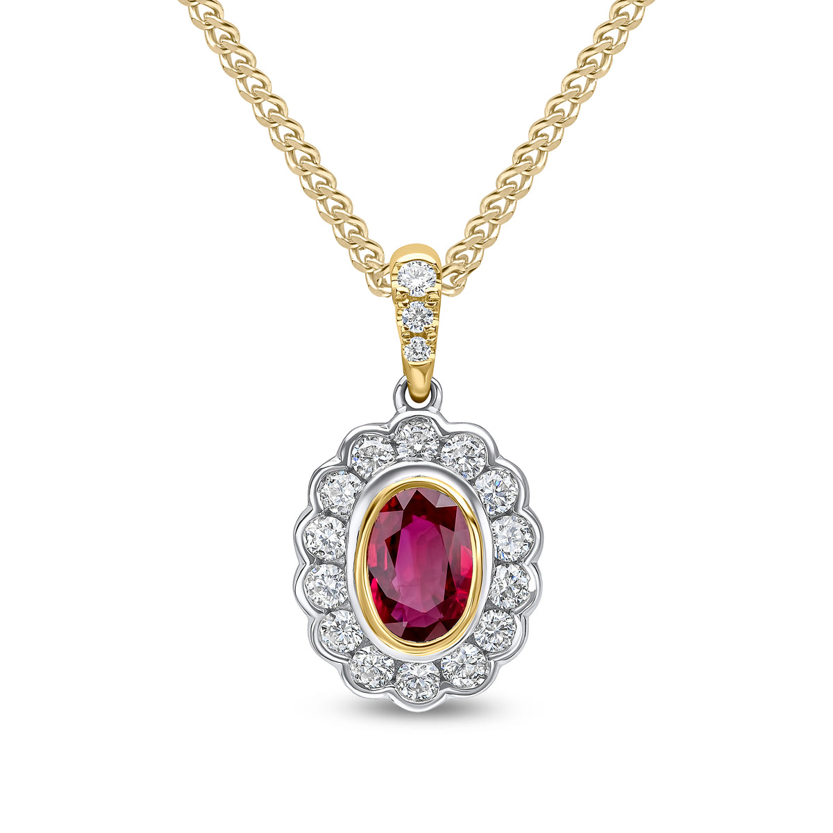 18ct Ywg Oval Ruby and Round Diamond Rubover Cluster Pendant Claw Set Diamond Loop