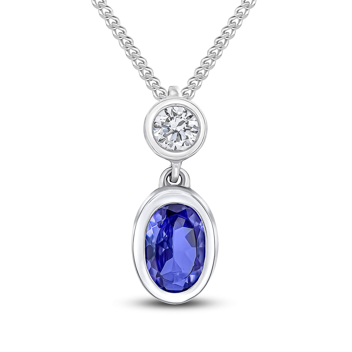 18ct White Gold Oval Tanzanite & Round Diamond 2 Stone Rubover Slider Pendant